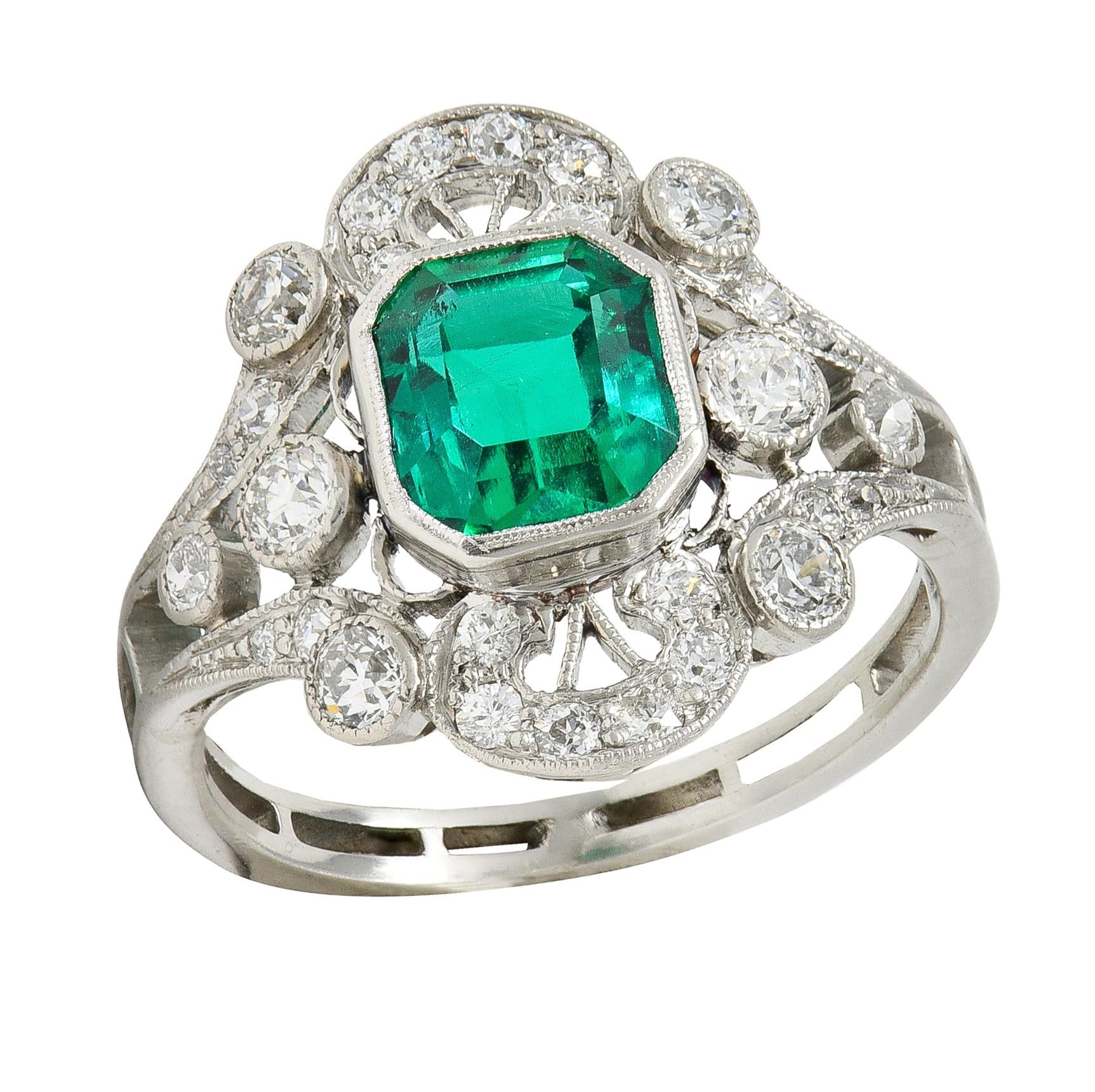 Early Art Deco Colombian Emerald Diamond Platinum Antique Cluster Ring