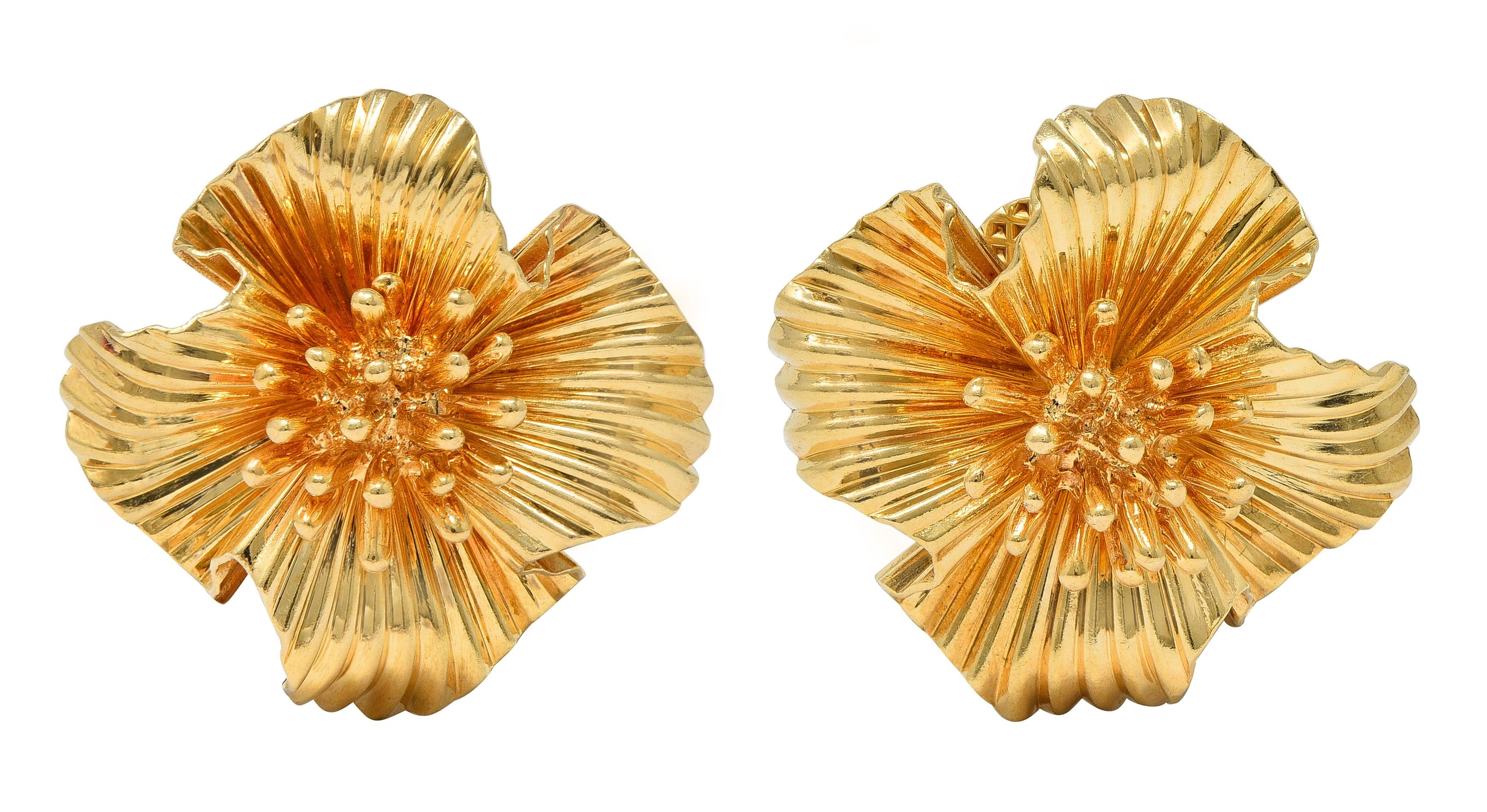Tiffany & Co. Retro 14 Karat Yellow Gold Vintage Flower Ear-Clip Earrings