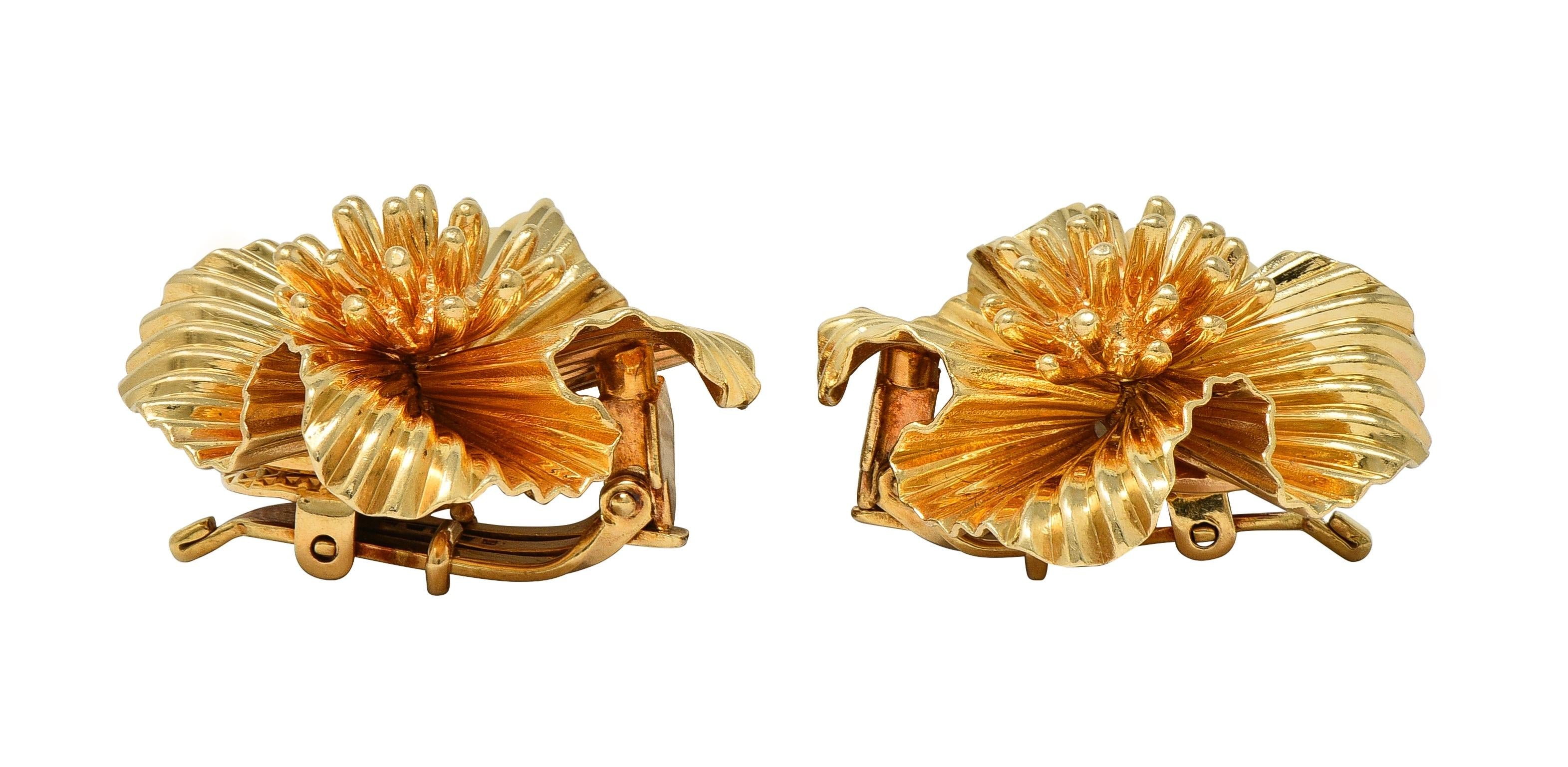 Tiffany & Co. Retro 14 Karat Yellow Gold Vintage Flower Ear-Clip Earrings