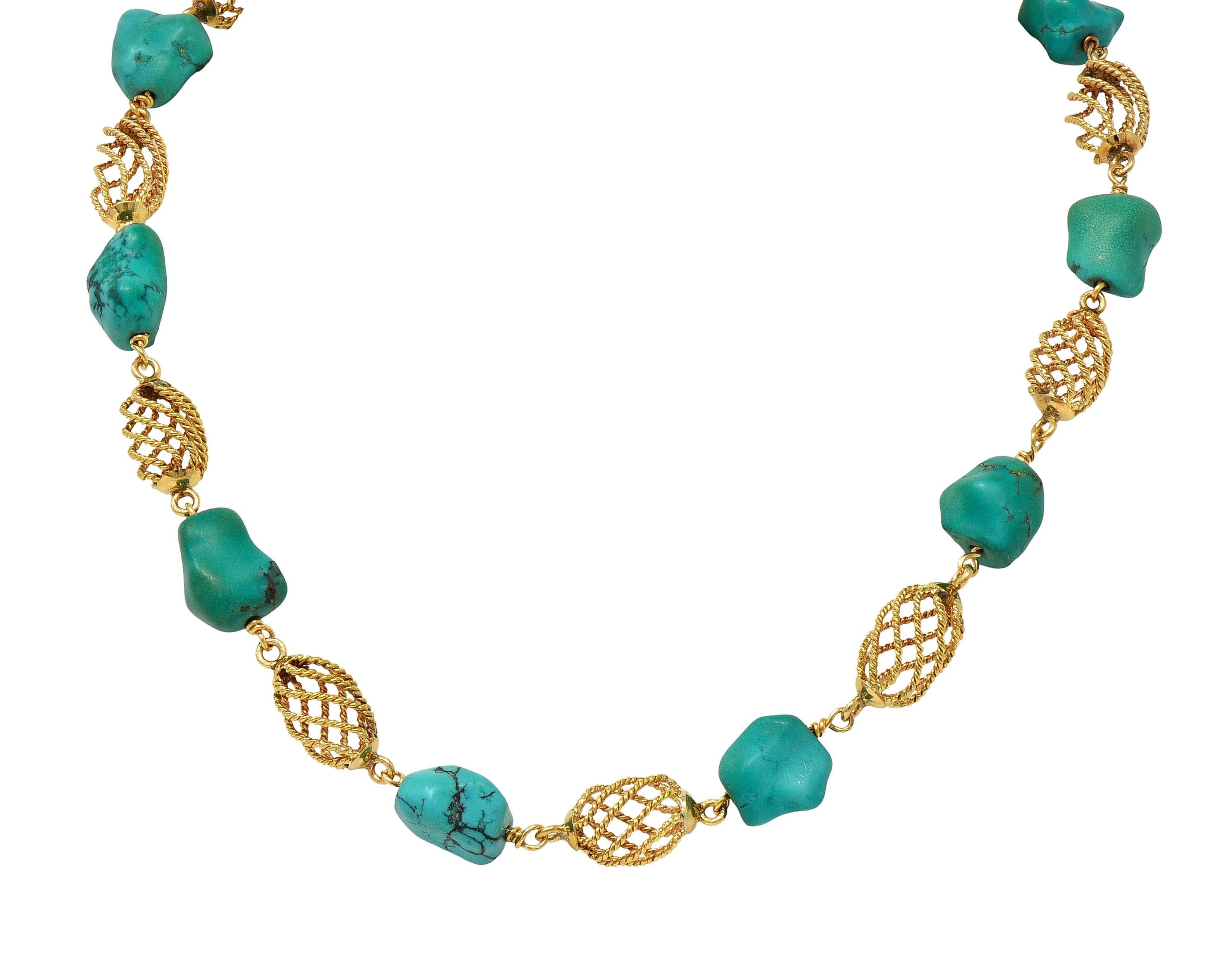 1960's Turquoise Nugget 18 Karat Yellow Gold Spiral Bead Vintage Collar Necklace