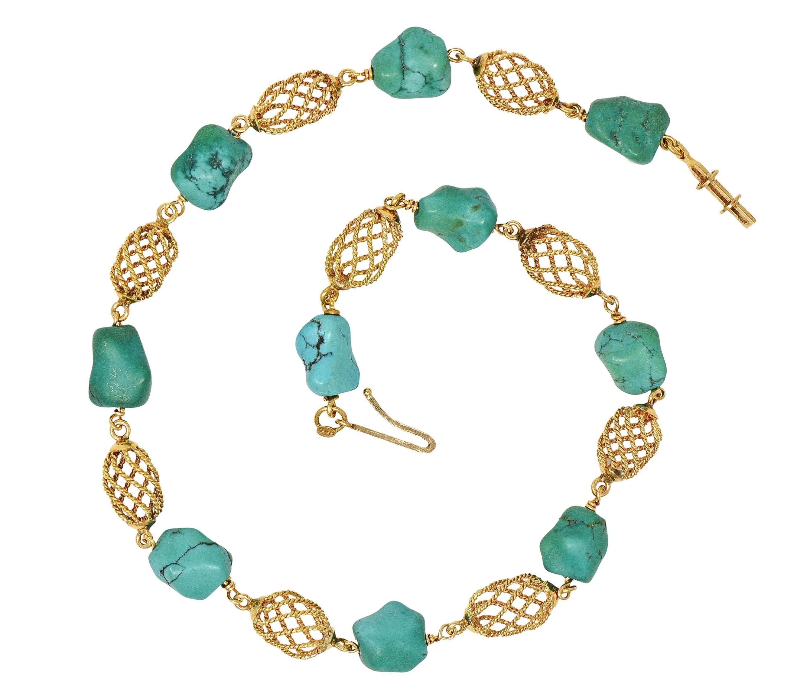 1960's Turquoise Nugget 18 Karat Yellow Gold Spiral Bead Vintage Collar Necklace