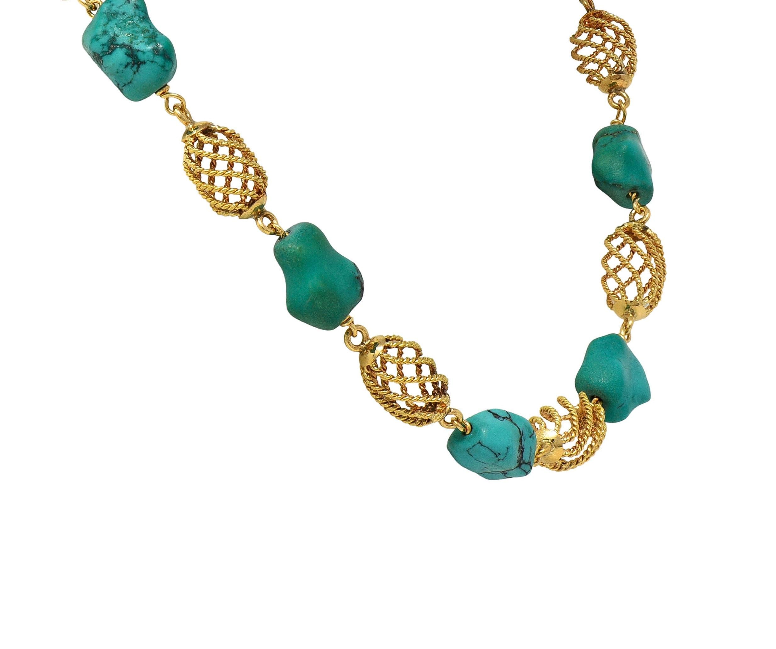1960's Turquoise Nugget 18 Karat Yellow Gold Spiral Bead Vintage Collar Necklace