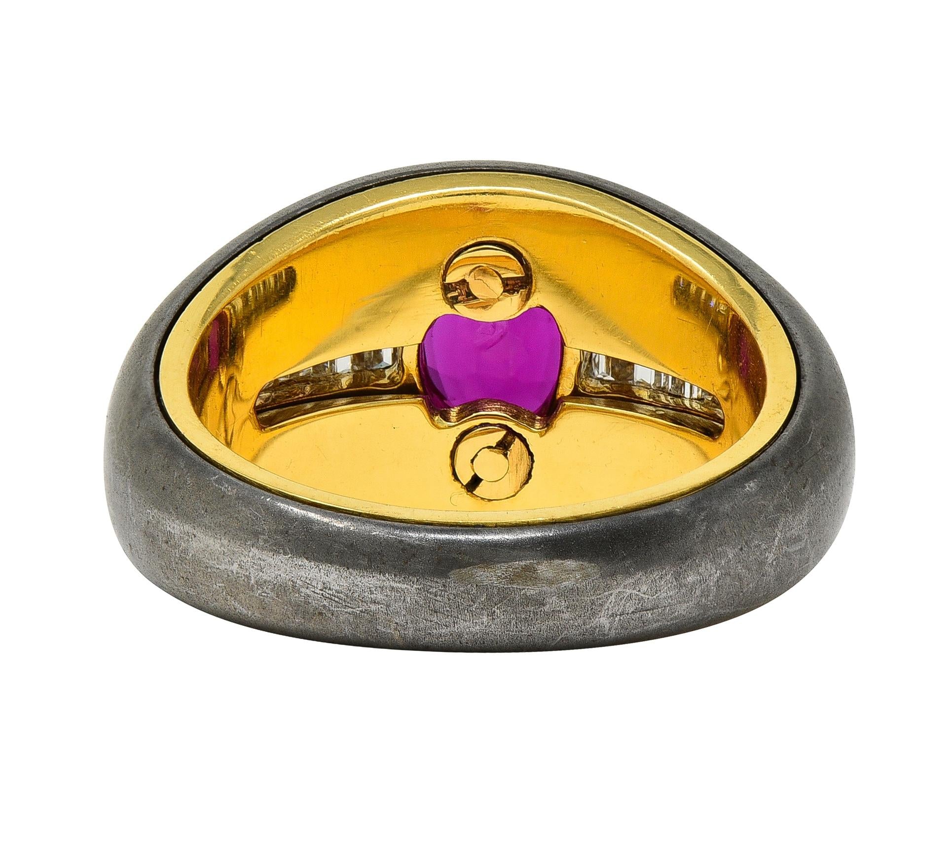 1980's 1.54 CTW Ruby Diamond Hematite 18 Karat Yellow Gold Vintage Ring GIA