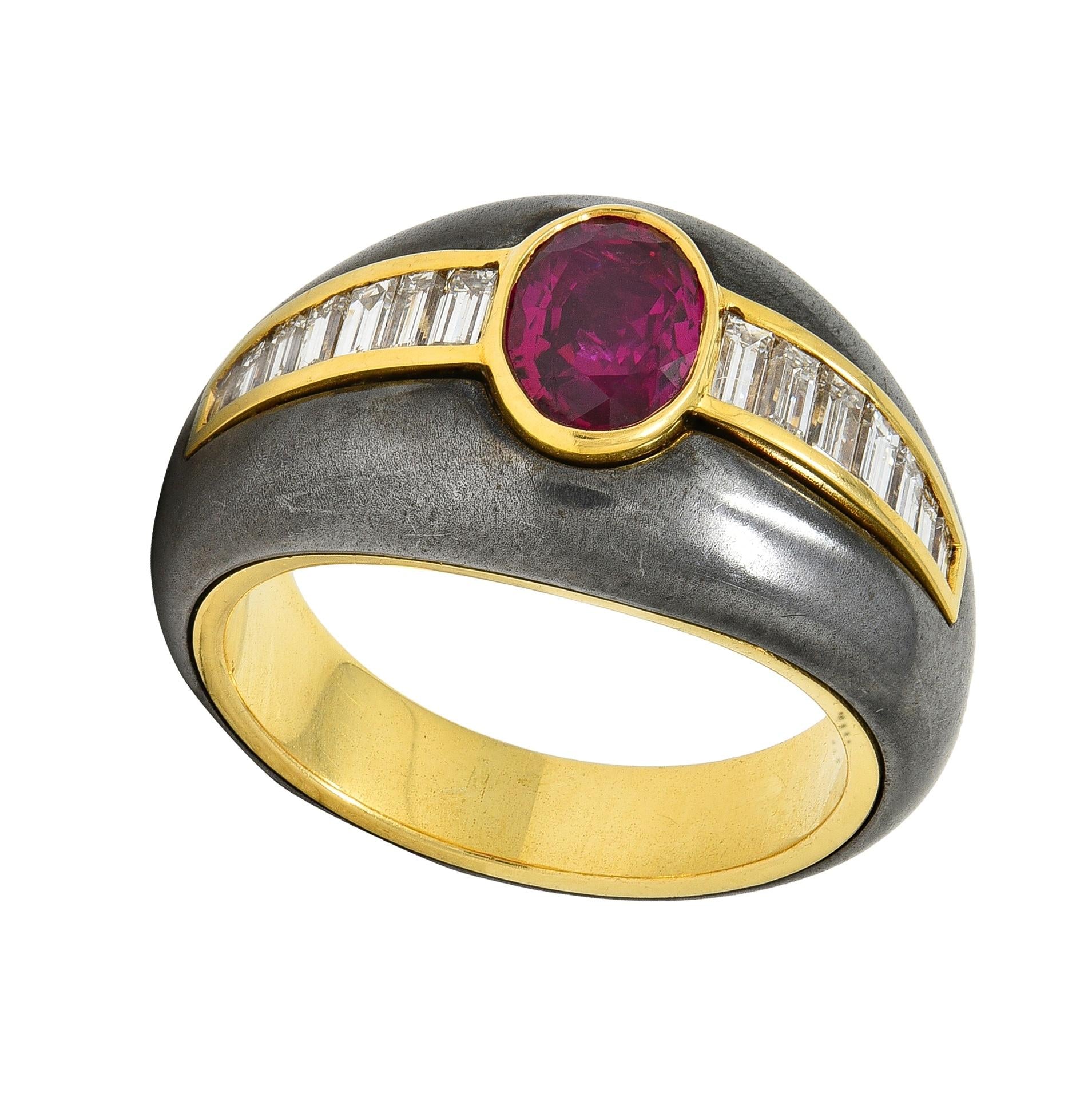 1980's 1.54 CTW Ruby Diamond Hematite 18 Karat Yellow Gold Vintage Ring GIA