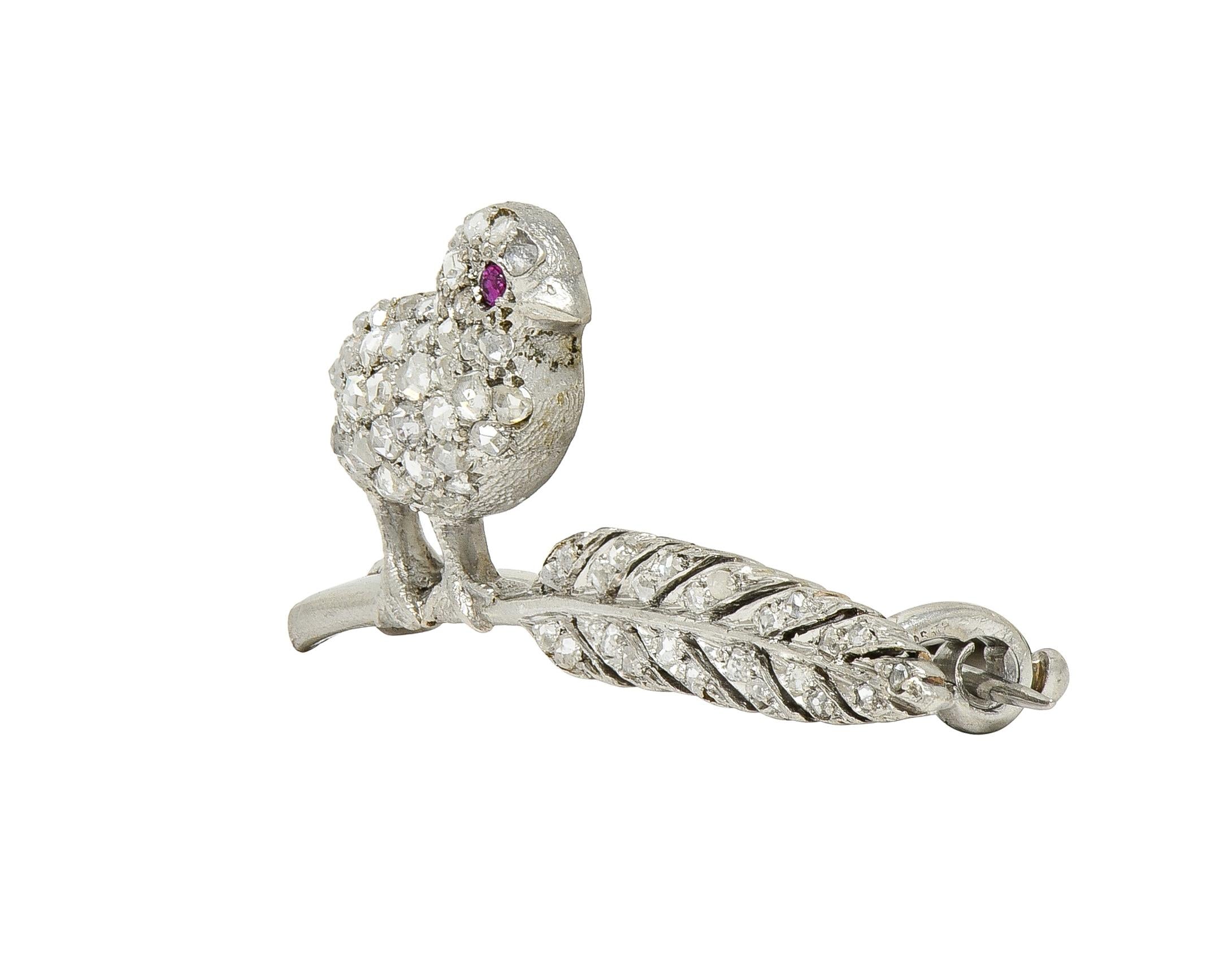 Art Deco Ruby Diamond Platinum Vintage Bird On A Feather Brooch
