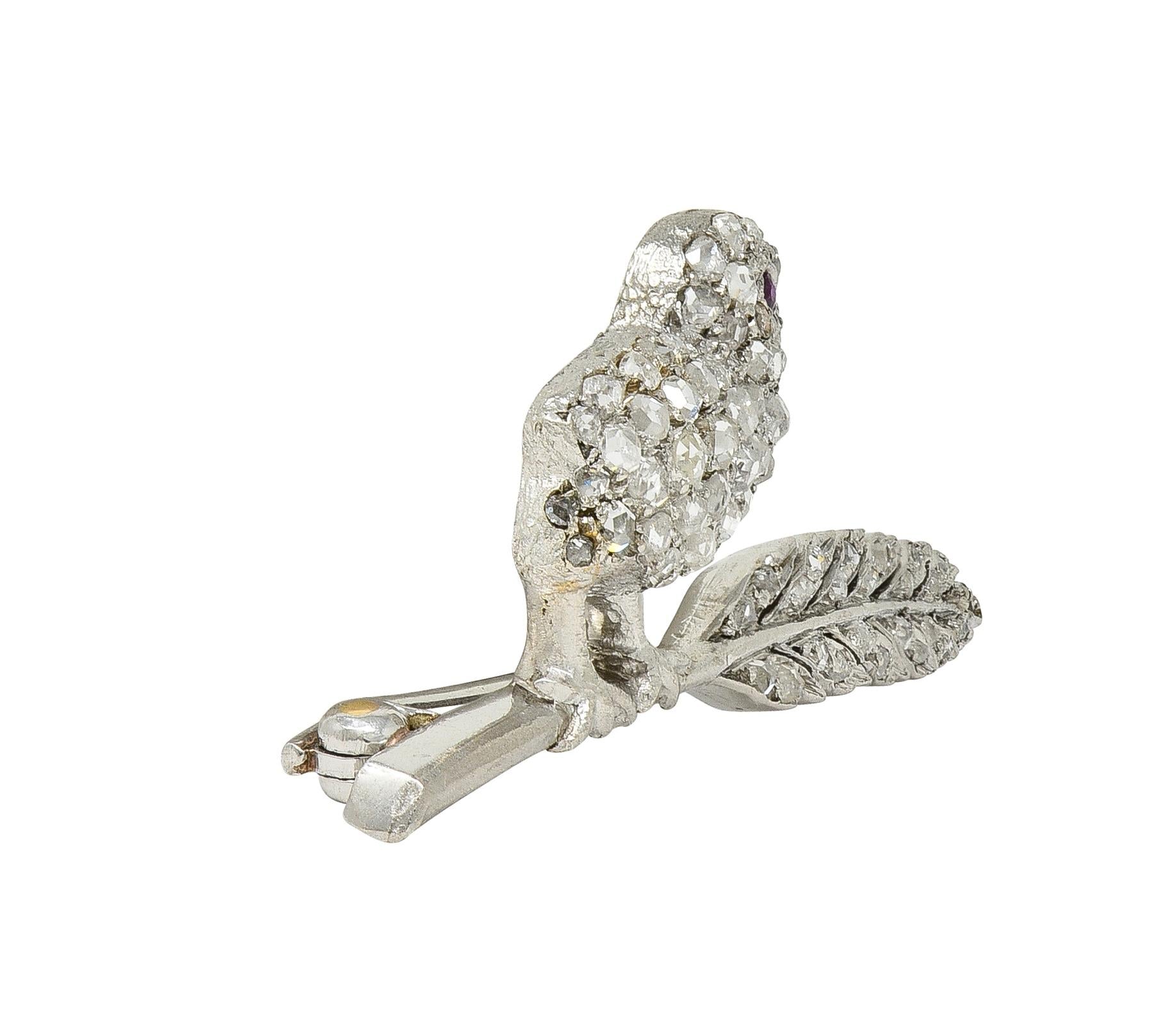 Art Deco Ruby Diamond Platinum Vintage Bird On A Feather Brooch