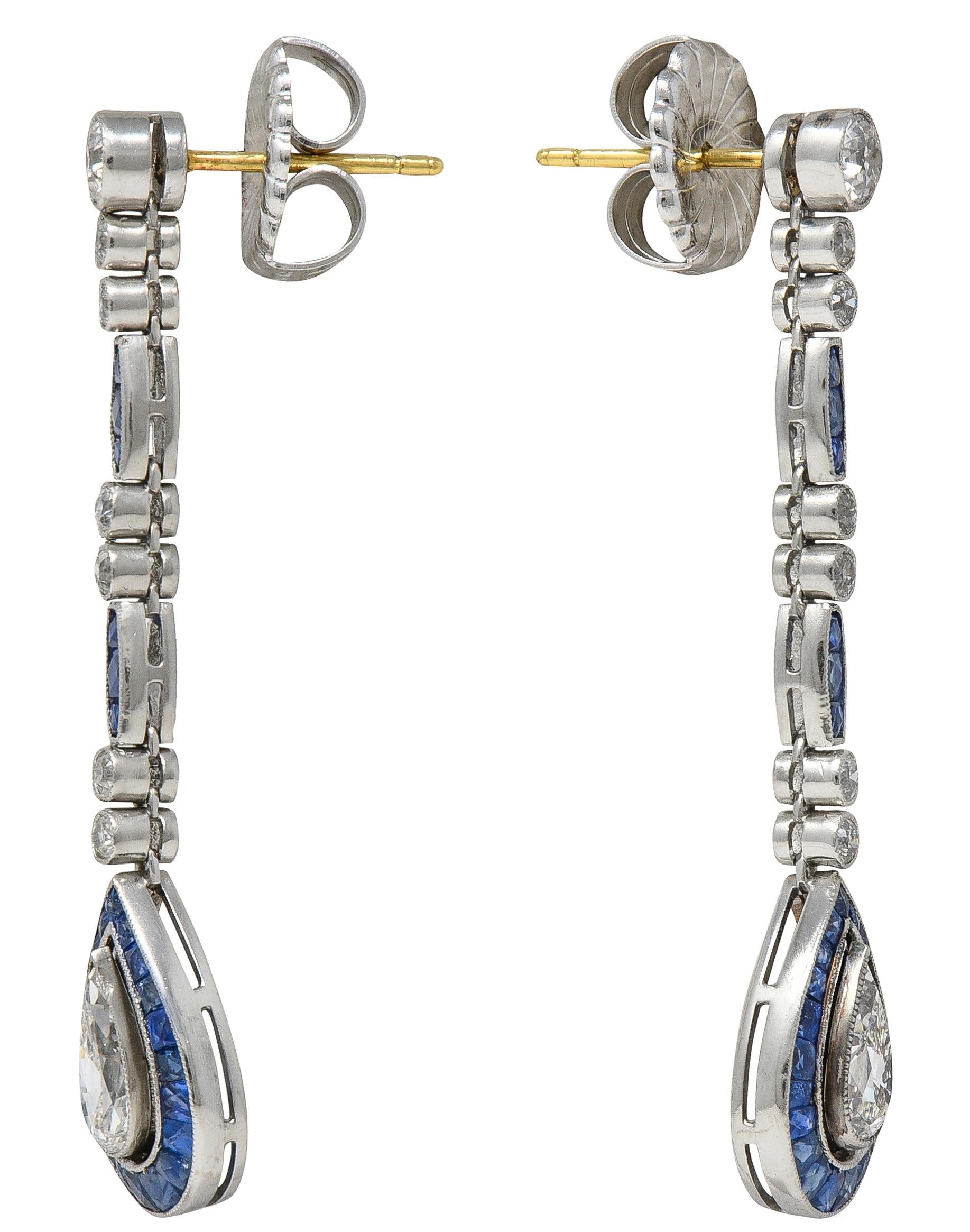 Art Deco 4.20 CTW Sapphire Diamond Platinum Vintage Halo Drop Earrings