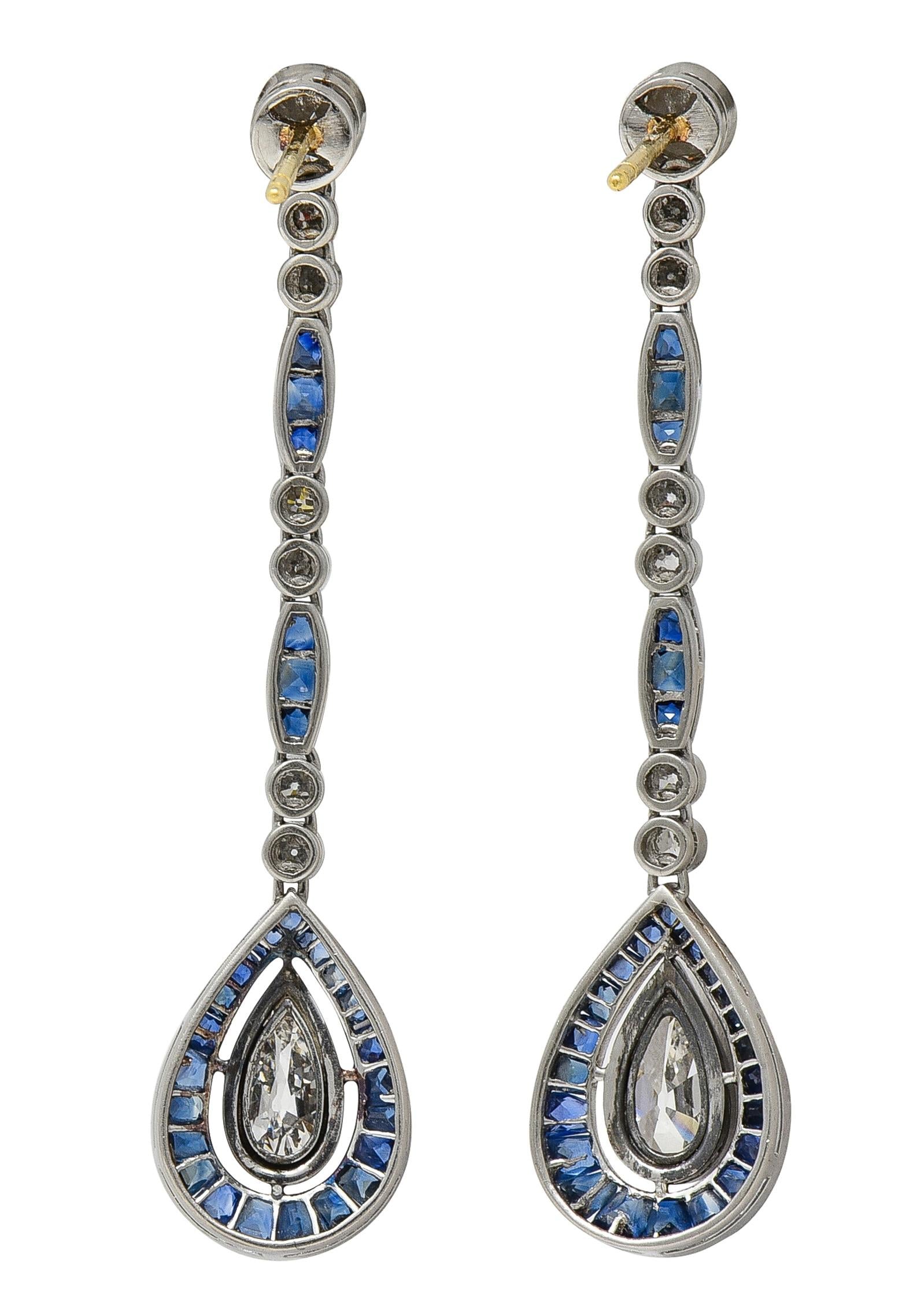 Art Deco 4.20 CTW Sapphire Diamond Platinum Vintage Halo Drop Earrings