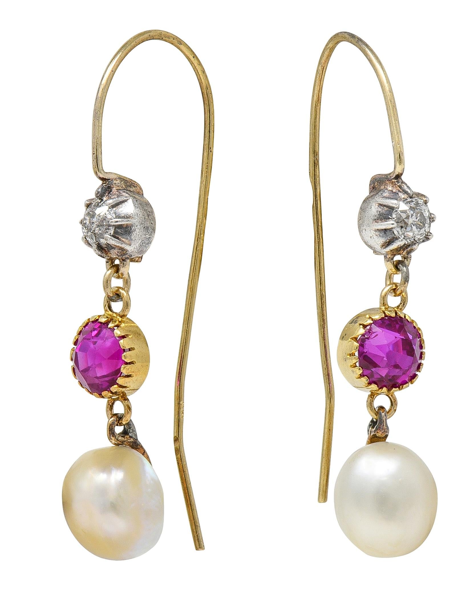 Victorian No Heat Burma Pink Sapphire Diamond Pearl 14K Gold Drop Earrings GIA