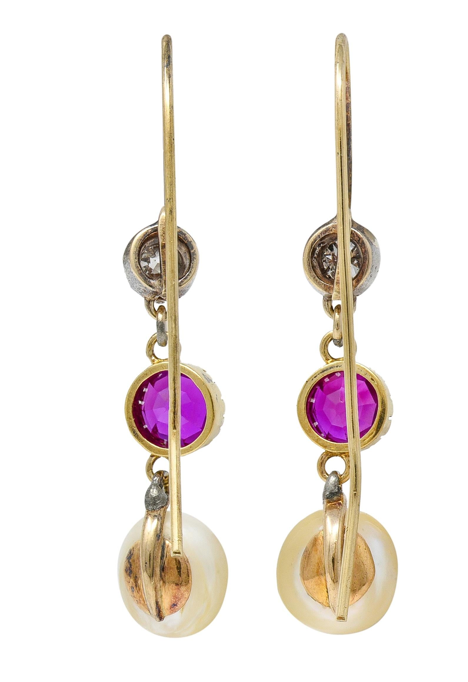 Victorian No Heat Burma Pink Sapphire Diamond Pearl 14K Gold Drop Earrings GIA