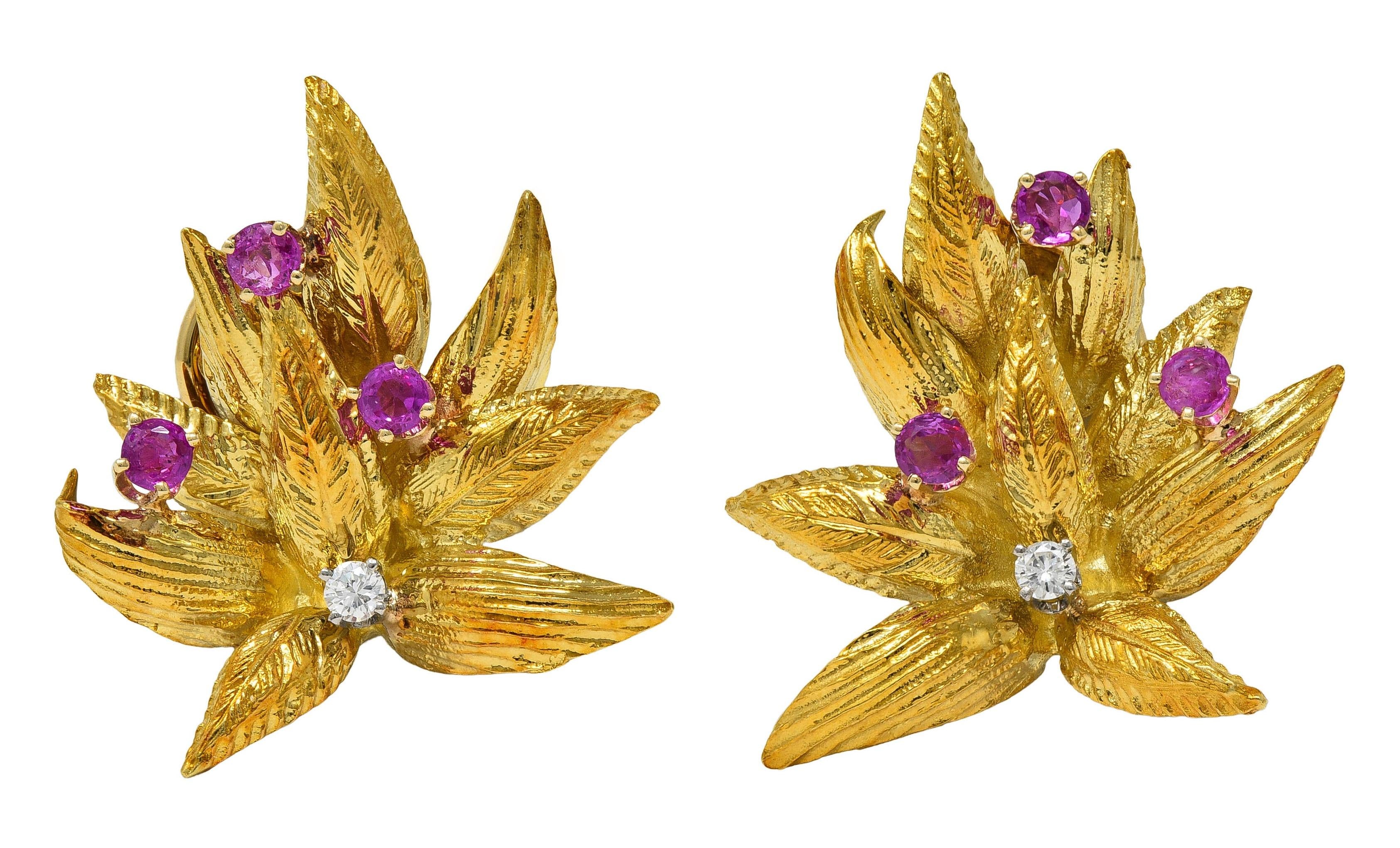 Tiffany & Co. Mid-Century Ruby Diamond Platinum 18K Gold Leaf Vintage Earrings