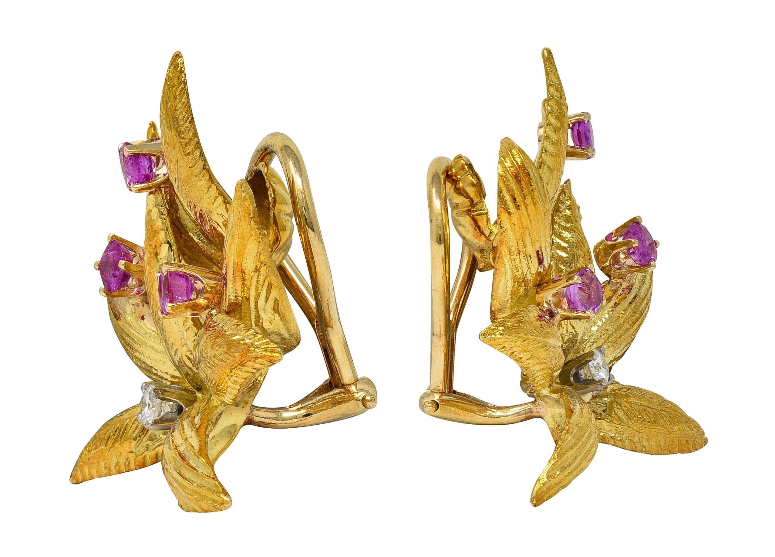 Tiffany & Co. Mid-Century Ruby Diamond Platinum 18K Gold Leaf Vintage Earrings