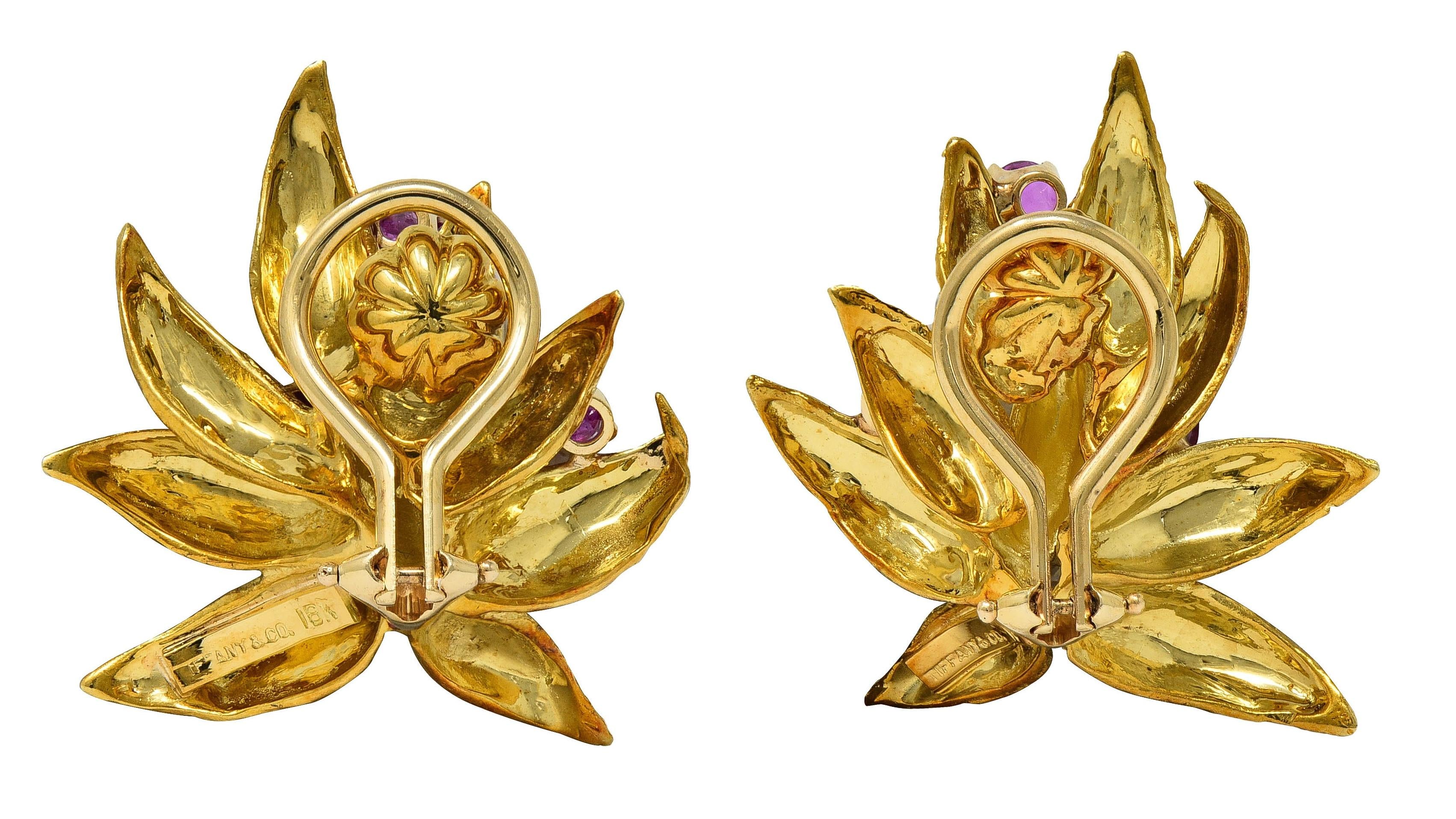 Tiffany & Co. Mid-Century Ruby Diamond Platinum 18K Gold Leaf Vintage Earrings