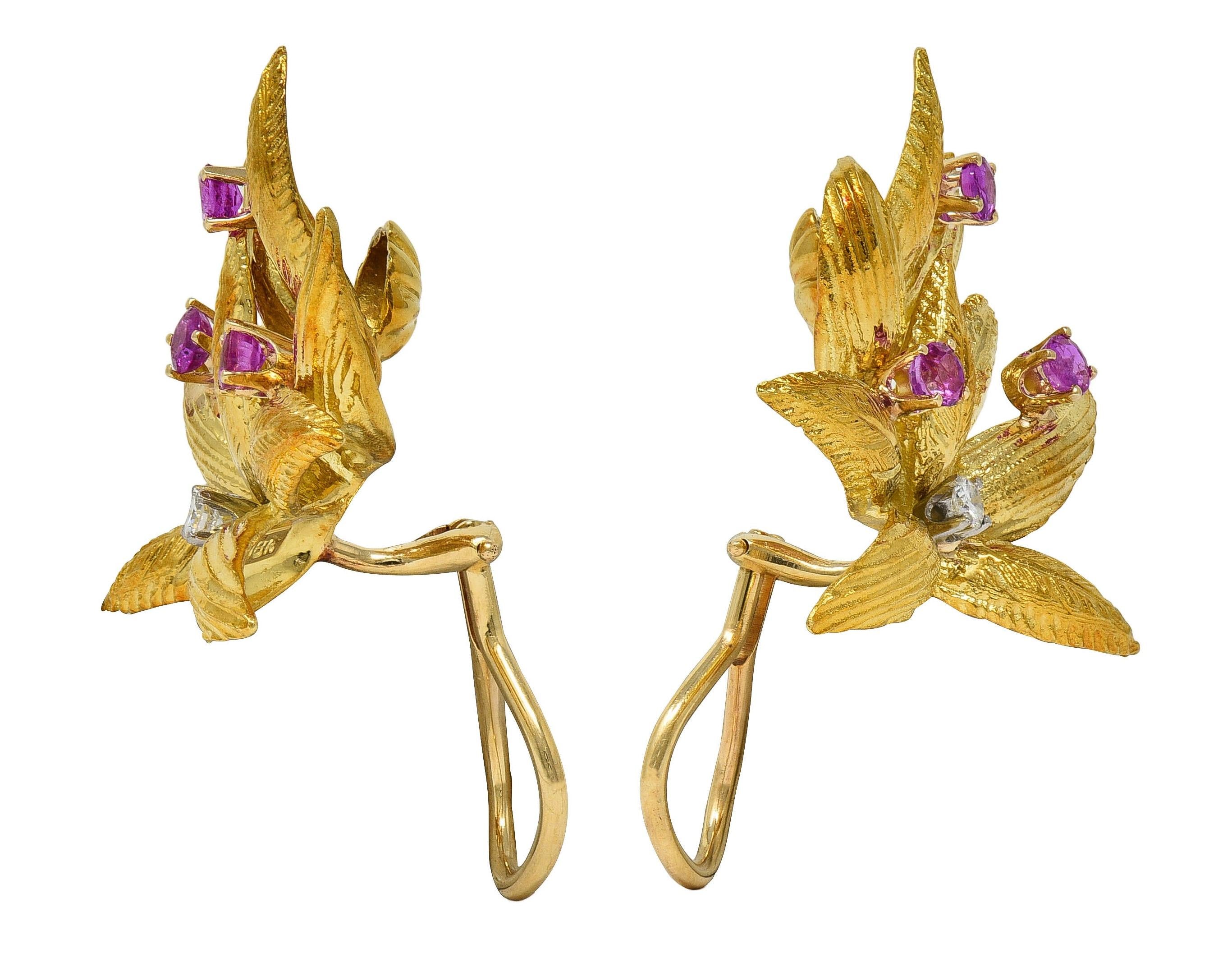 Tiffany & Co. Mid-Century Ruby Diamond Platinum 18K Gold Leaf Vintage Earrings