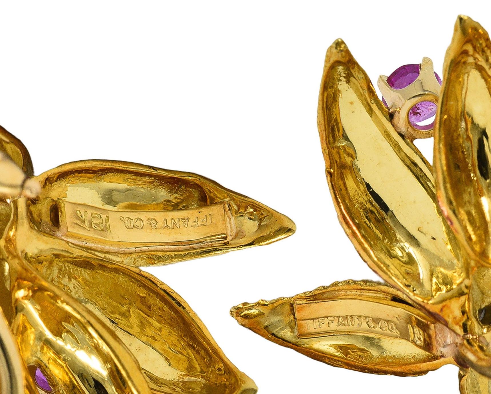 Tiffany & Co. Mid-Century Ruby Diamond Platinum 18K Gold Leaf Vintage Earrings