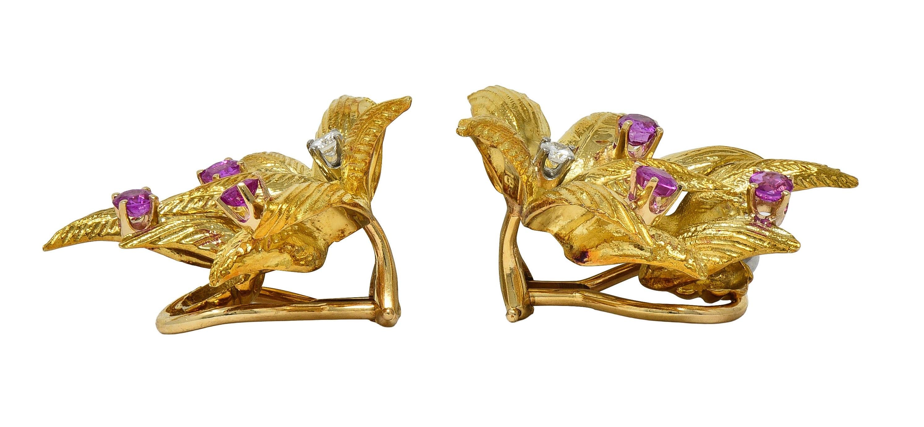 Tiffany & Co. Mid-Century Ruby Diamond Platinum 18K Gold Leaf Vintage Earrings