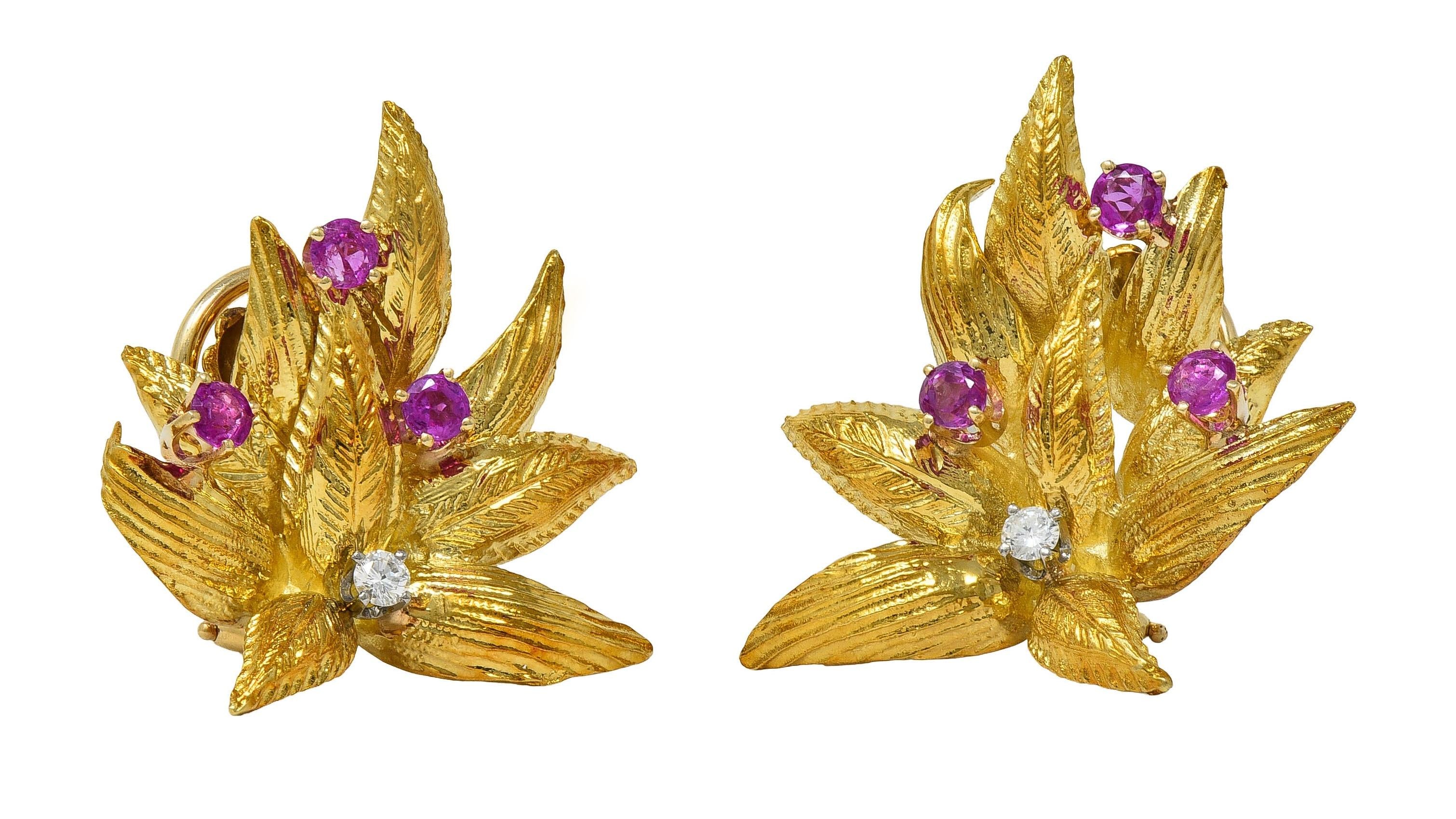 Tiffany & Co. Mid-Century Ruby Diamond Platinum 18K Gold Leaf Vintage Earrings