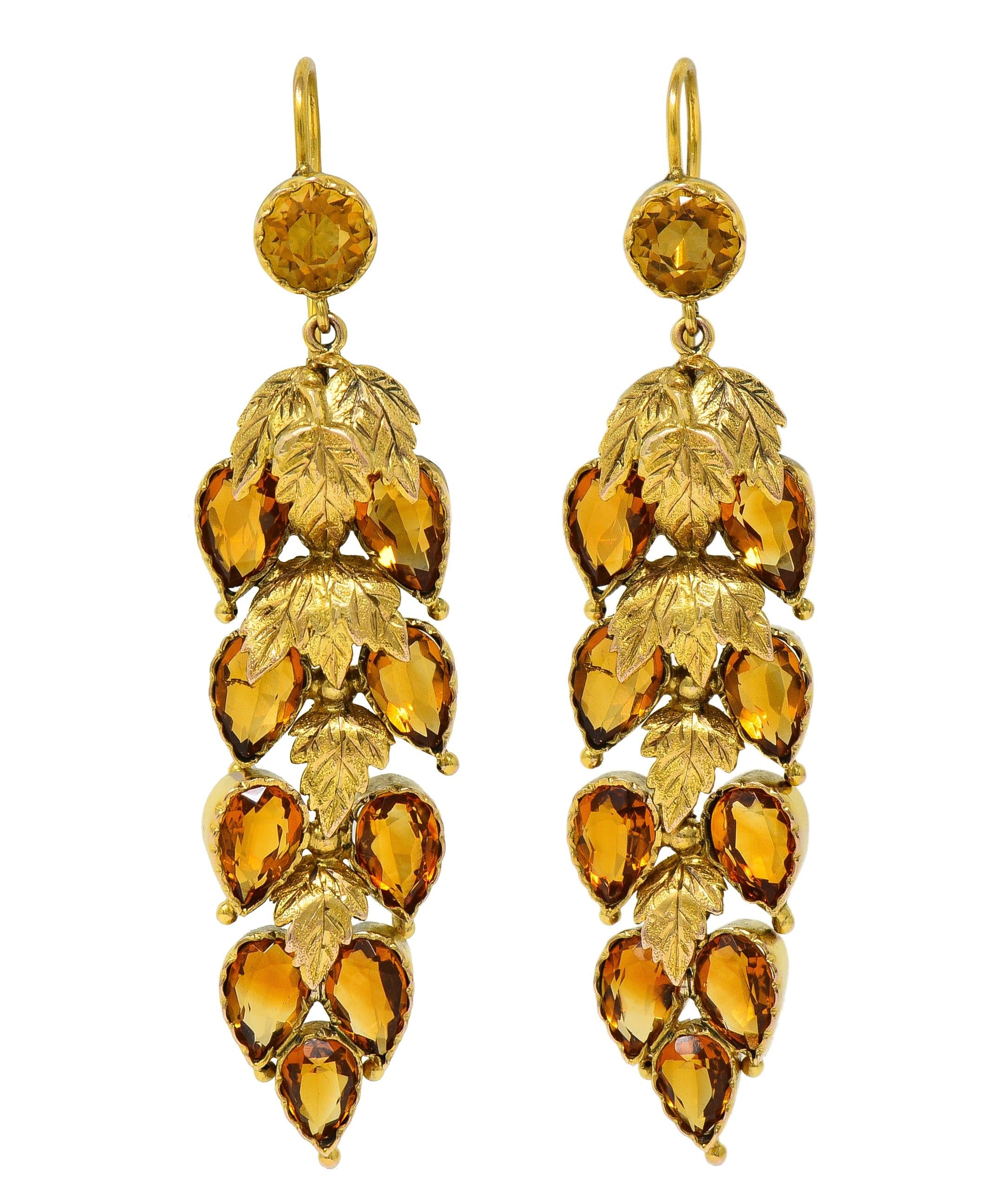 Victorian 11.60 CTW Citrine 14 Karat Yellow Gold Antique Foliate Drop Earrings