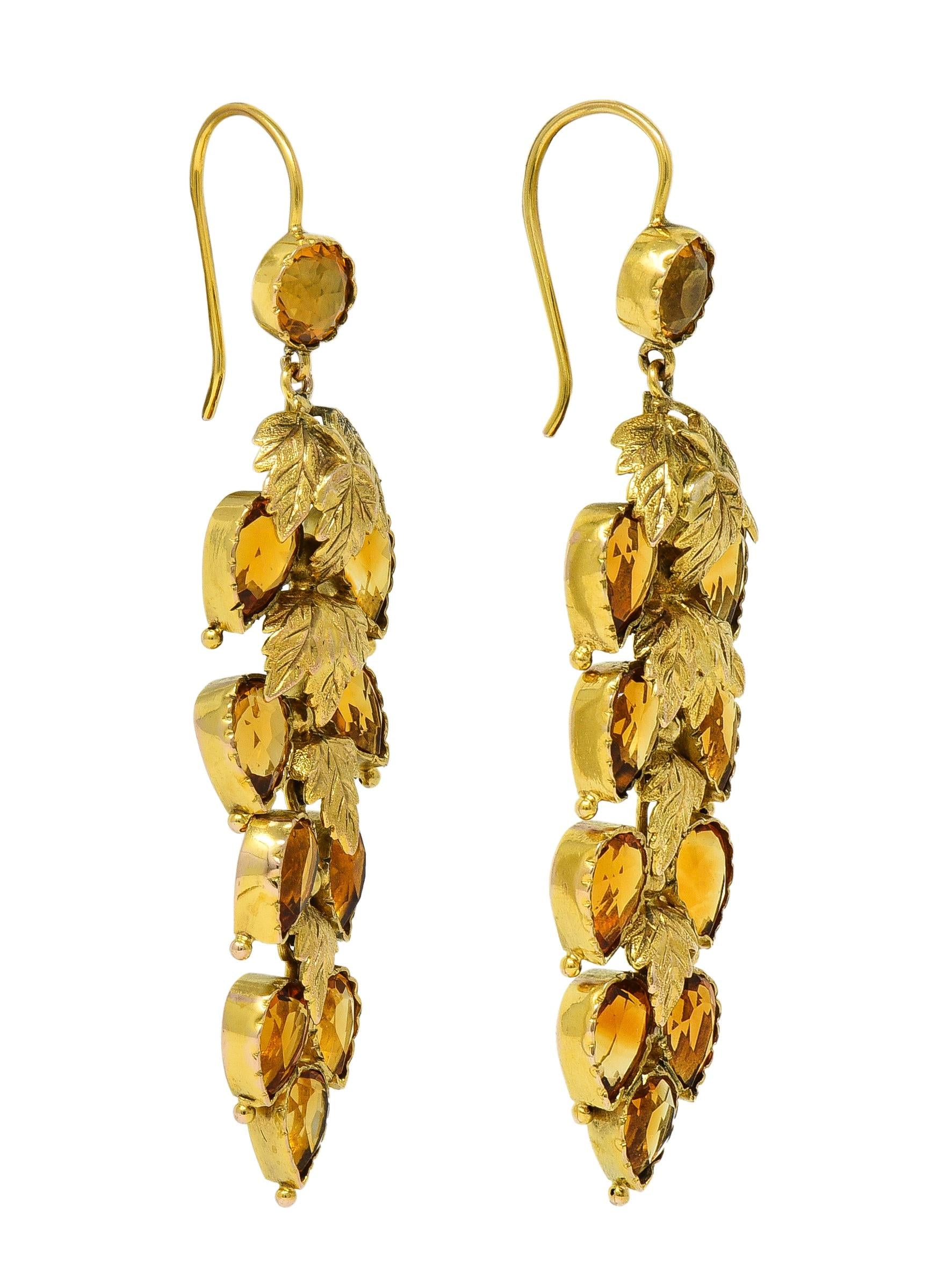 Victorian 11.60 CTW Citrine 14 Karat Yellow Gold Antique Foliate Drop Earrings