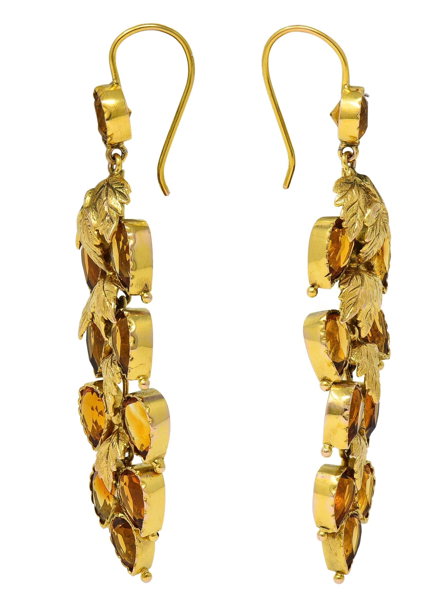 Victorian 11.60 CTW Citrine 14 Karat Yellow Gold Antique Foliate Drop Earrings