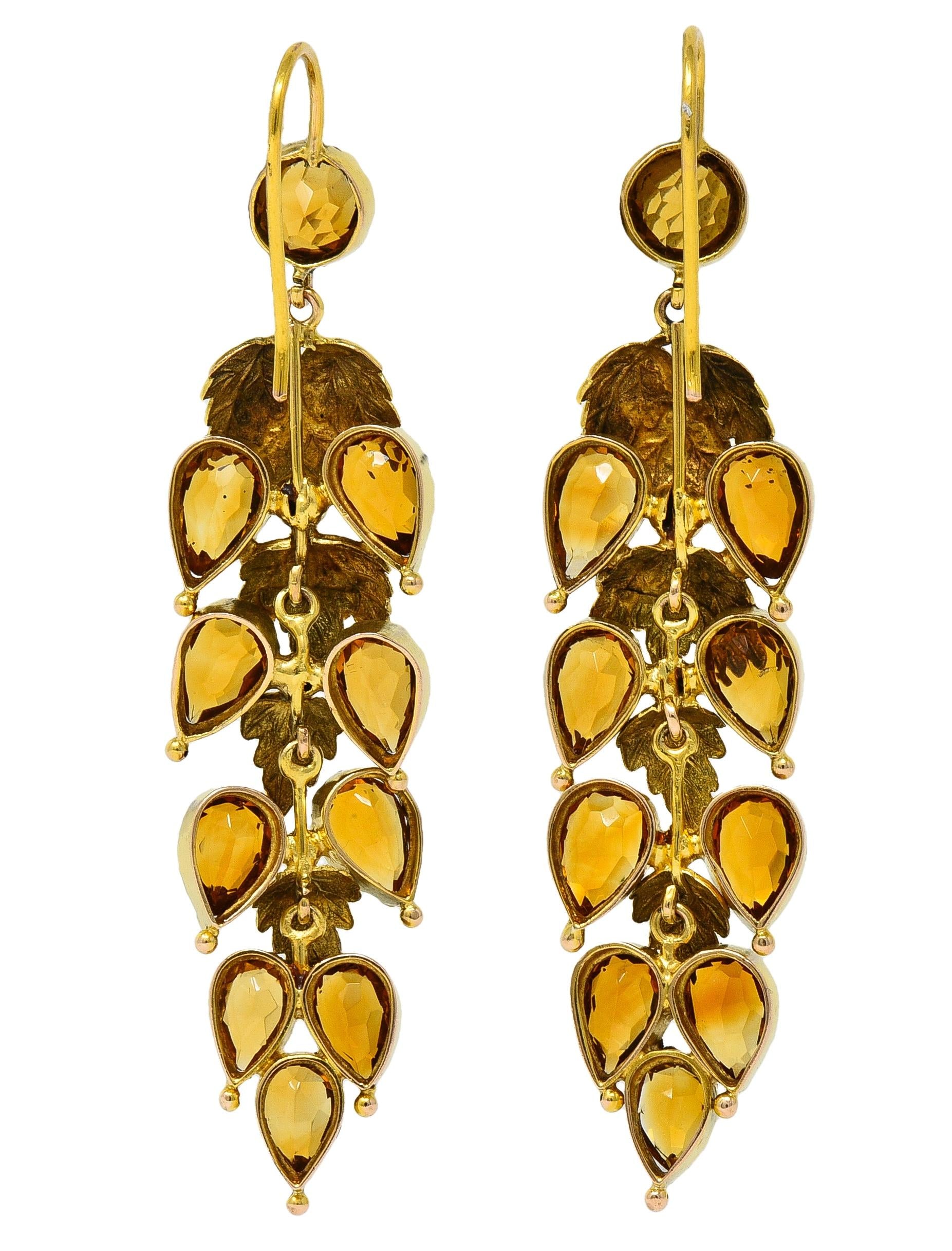 Victorian 11.60 CTW Citrine 14 Karat Yellow Gold Antique Foliate Drop Earrings