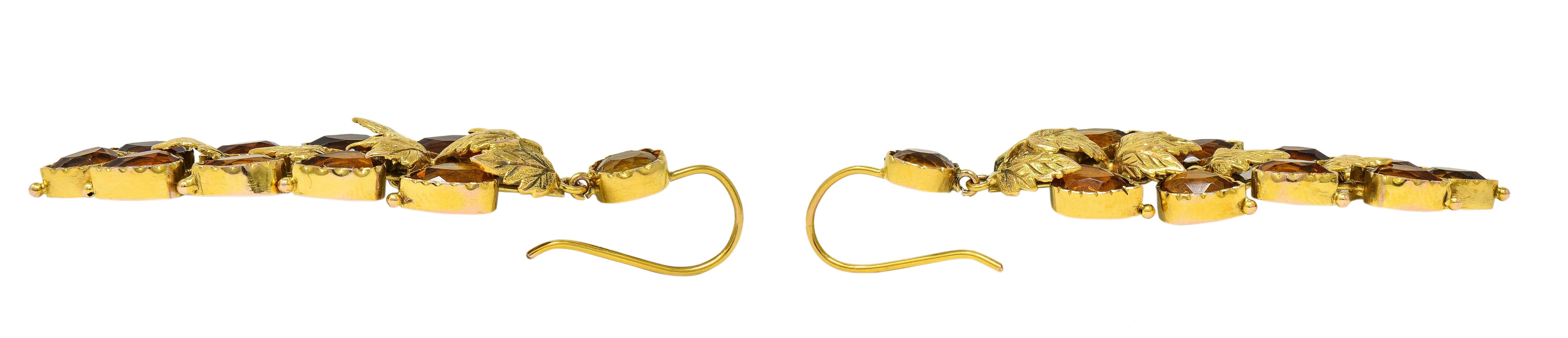 Victorian 11.60 CTW Citrine 14 Karat Yellow Gold Antique Foliate Drop Earrings