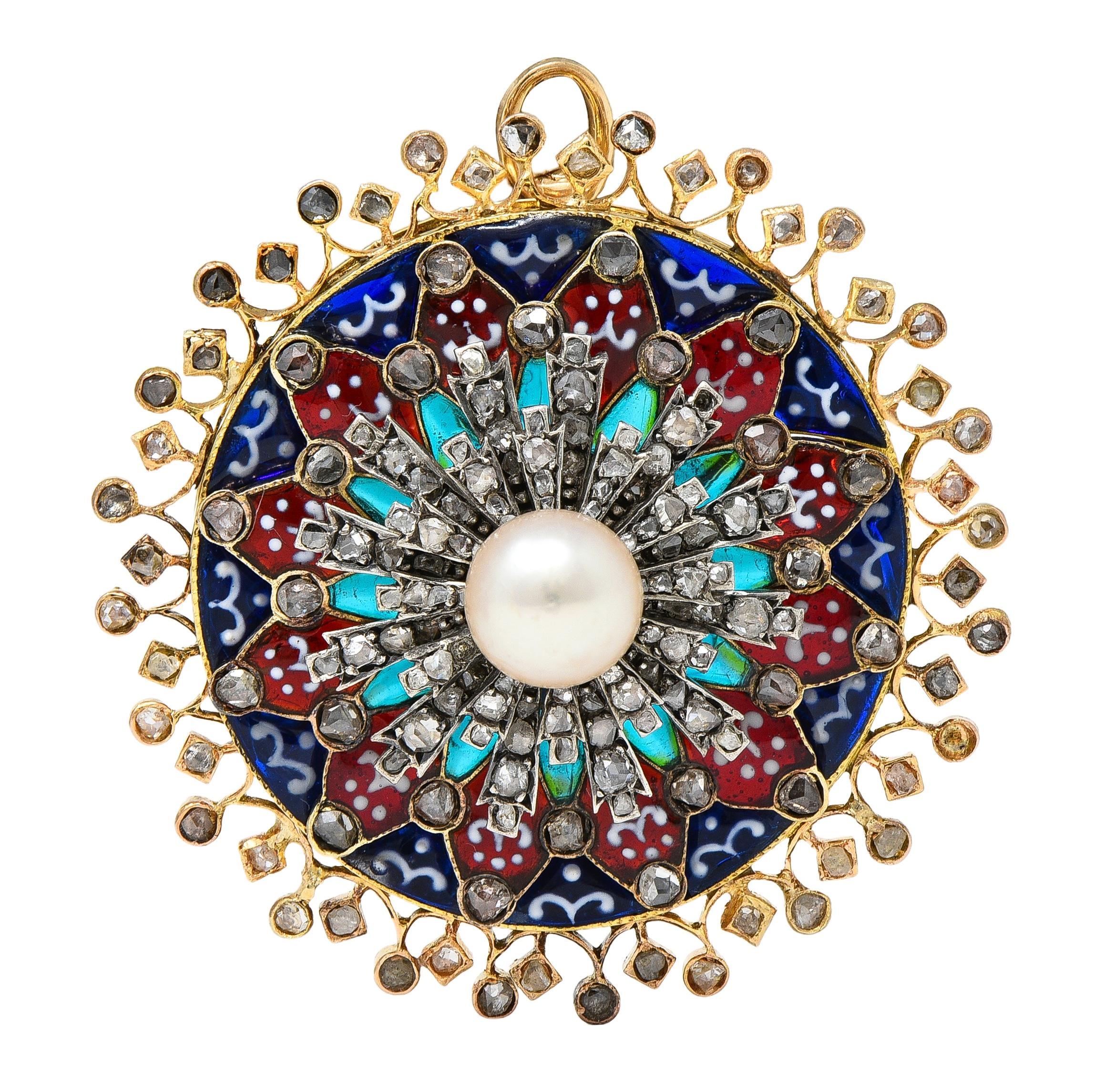 Boucheron Victorian Plique-à-Jour Enamel 18K Gold Antique Rosace Pendant Brooch