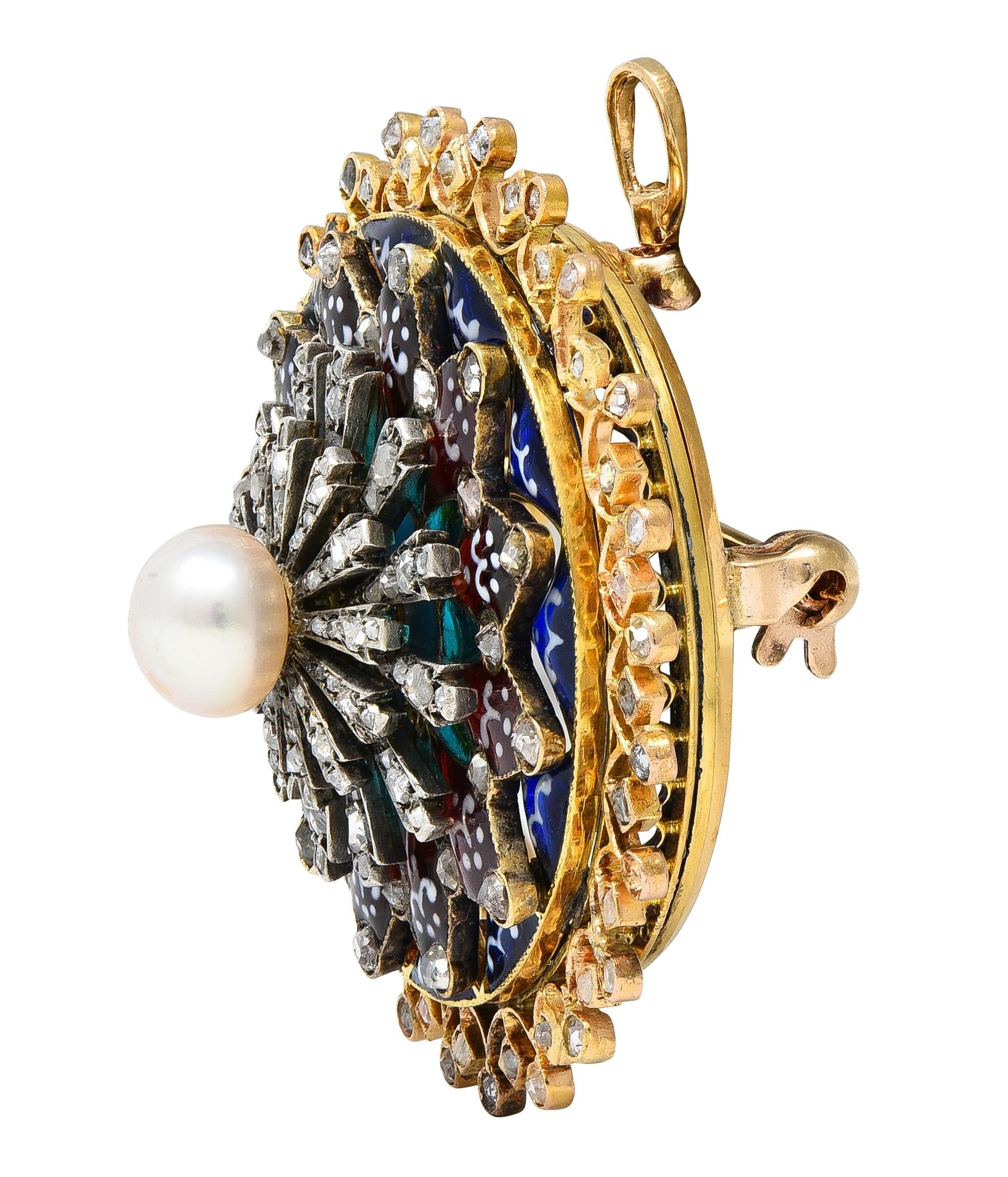 Boucheron Victorian Plique-à-Jour Enamel 18K Gold Antique Rosace Pendant Brooch