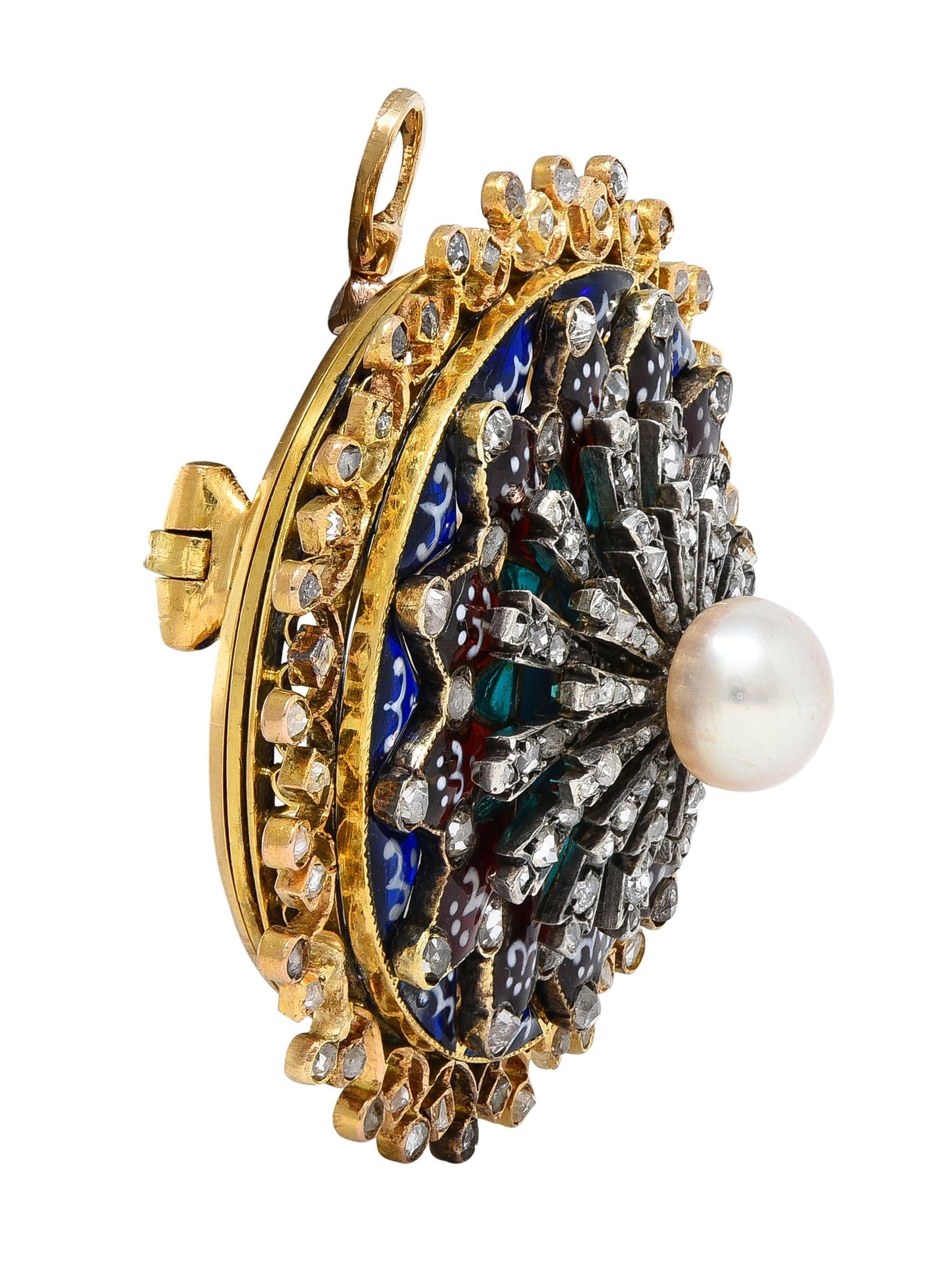 Boucheron Victorian Plique-à-Jour Enamel 18K Gold Antique Rosace Pendant Brooch