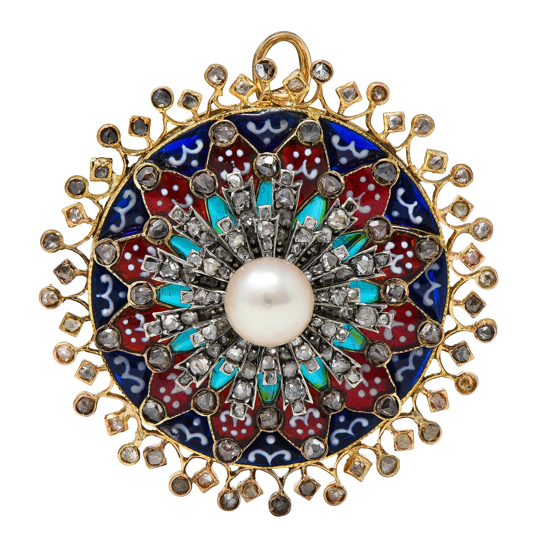 Boucheron Victorian Plique-à-Jour Enamel 18K Gold Antique Rosace Pendant Brooch