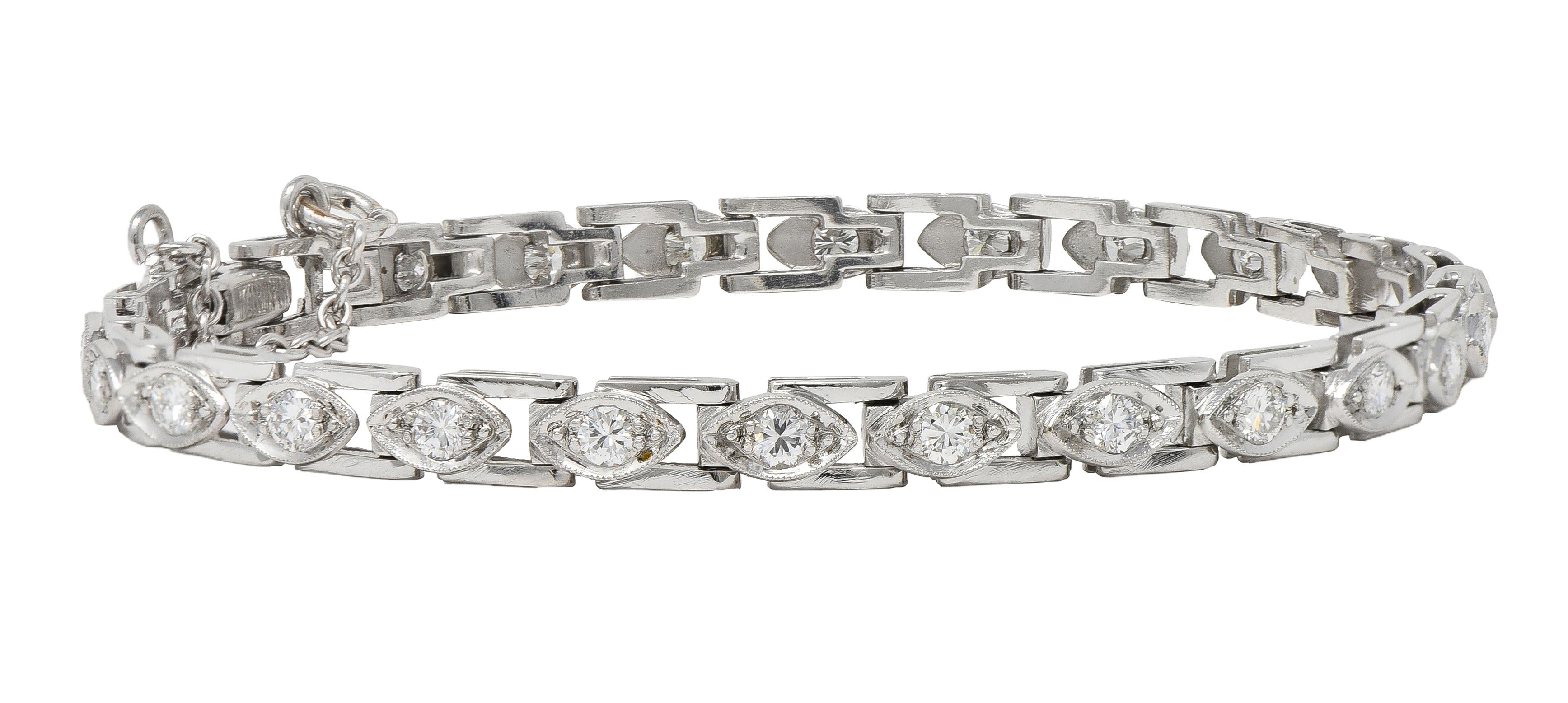 Art Deco 1.50 CTW Round Diamond Platinum Vintage Navette Line Bracelet