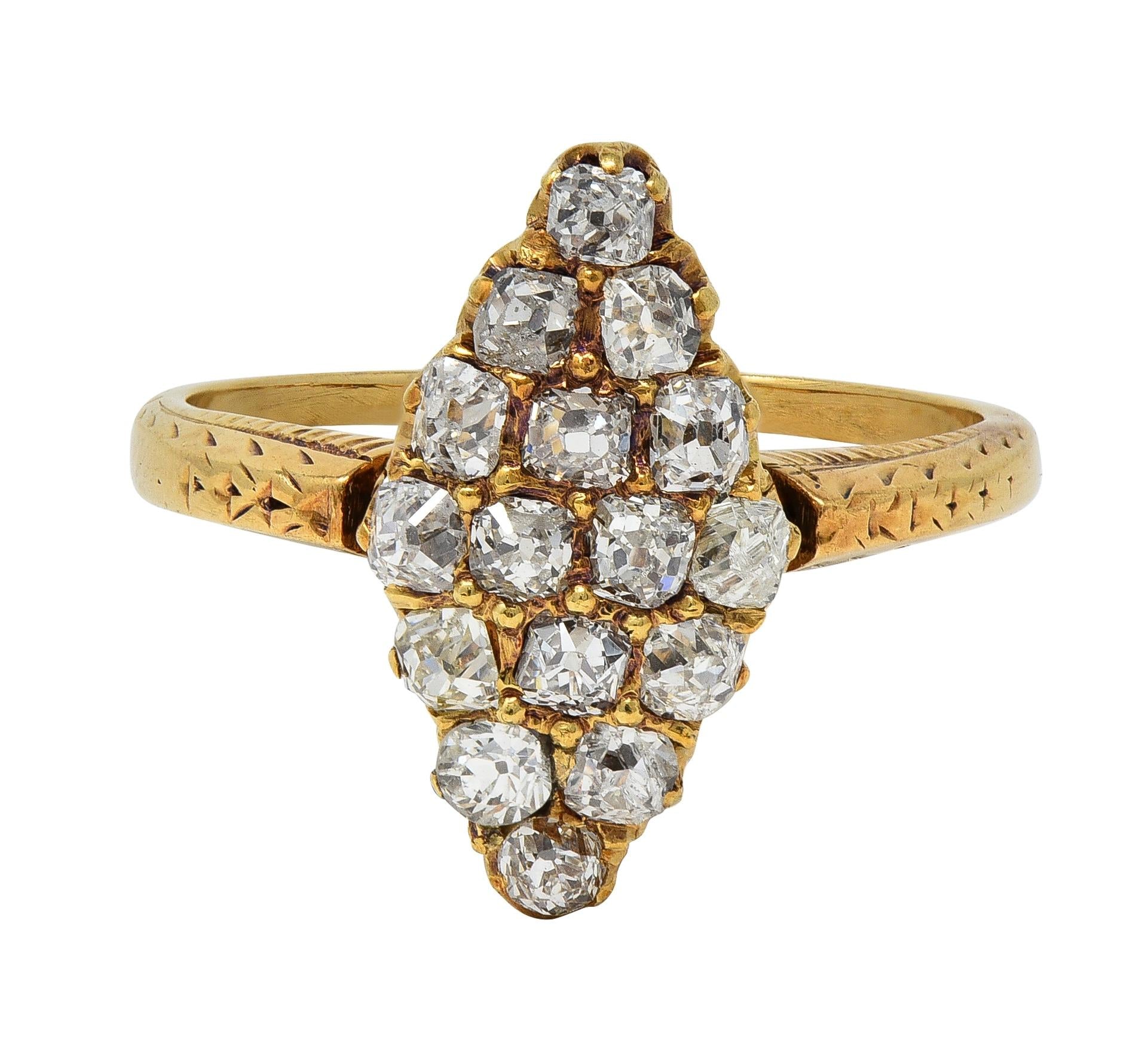 Victorian 0.96 CTW Old Mine Diamond 18 Karat Yellow Gold Antique Navette Ring