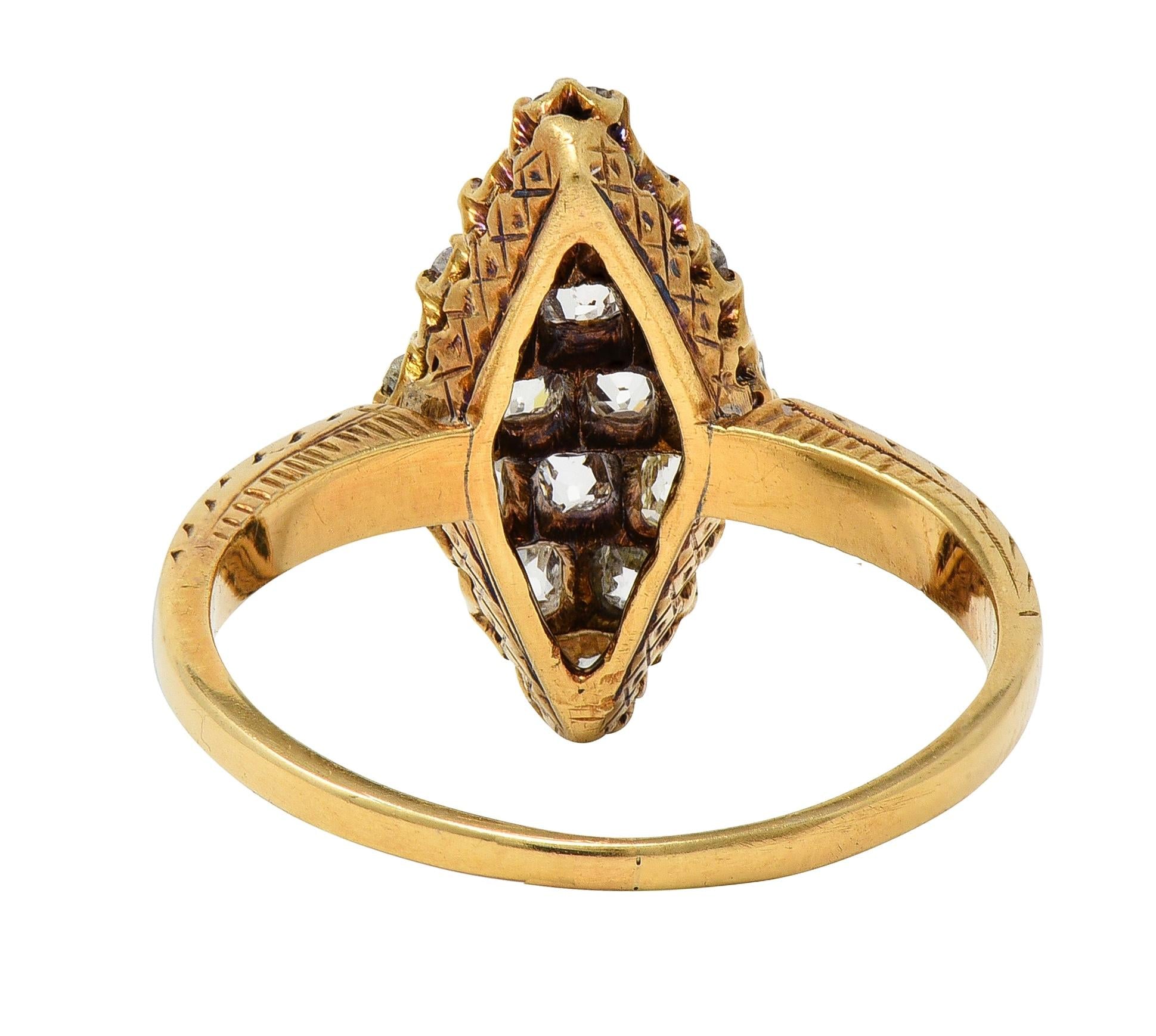 Victorian 0.96 CTW Old Mine Diamond 18 Karat Yellow Gold Antique Navette Ring