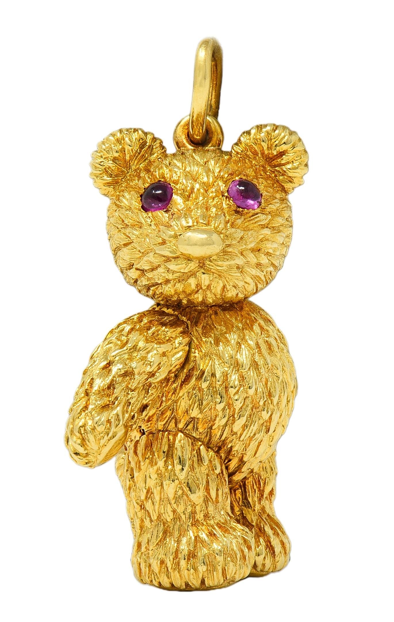 Robert Beilka Ruby 18K Yellow Gold Vintage Articulating Teddy Bear Pendant Charm