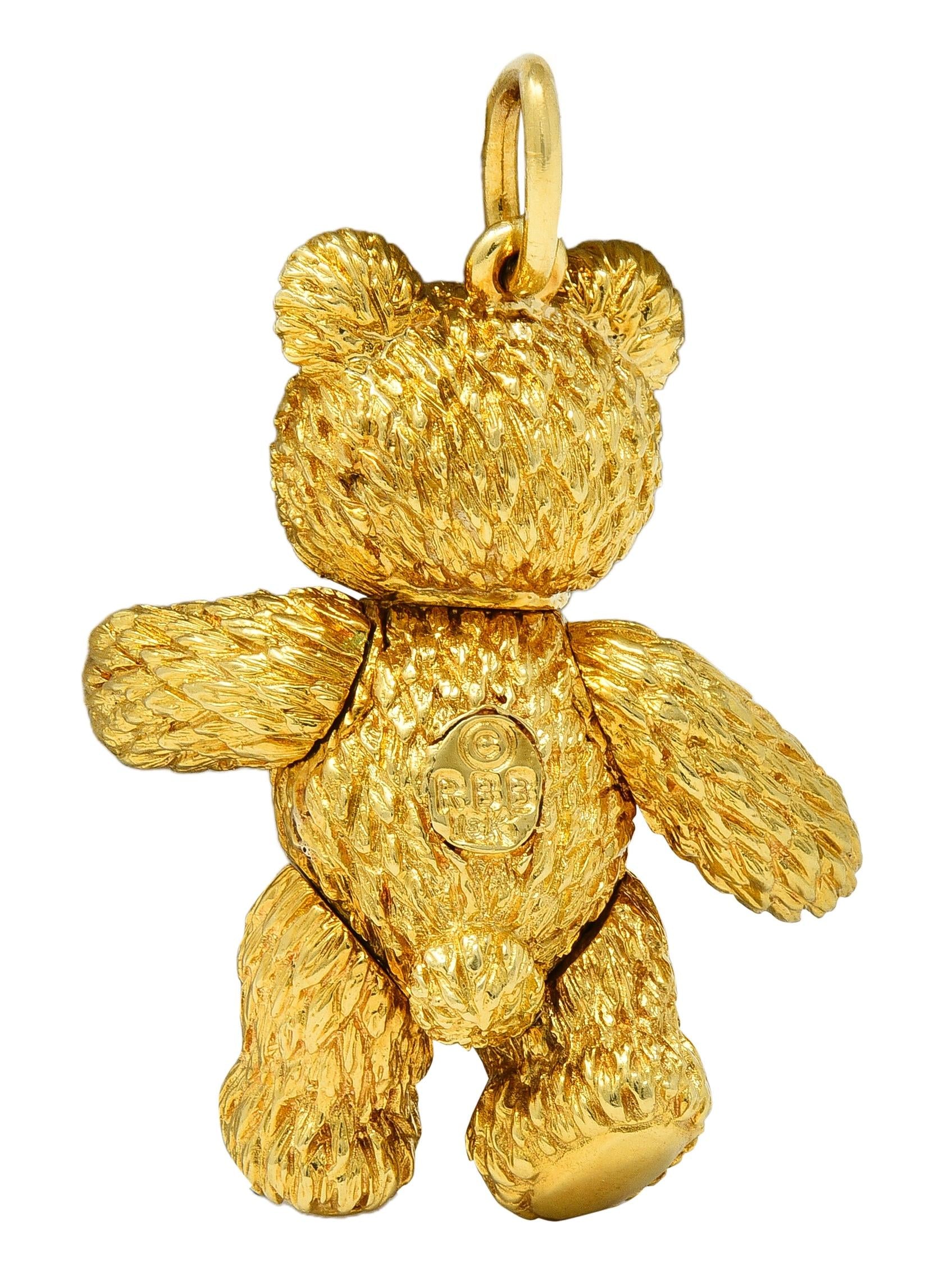 Robert Beilka Ruby 18K Yellow Gold Vintage Articulating Teddy Bear Pendant Charm