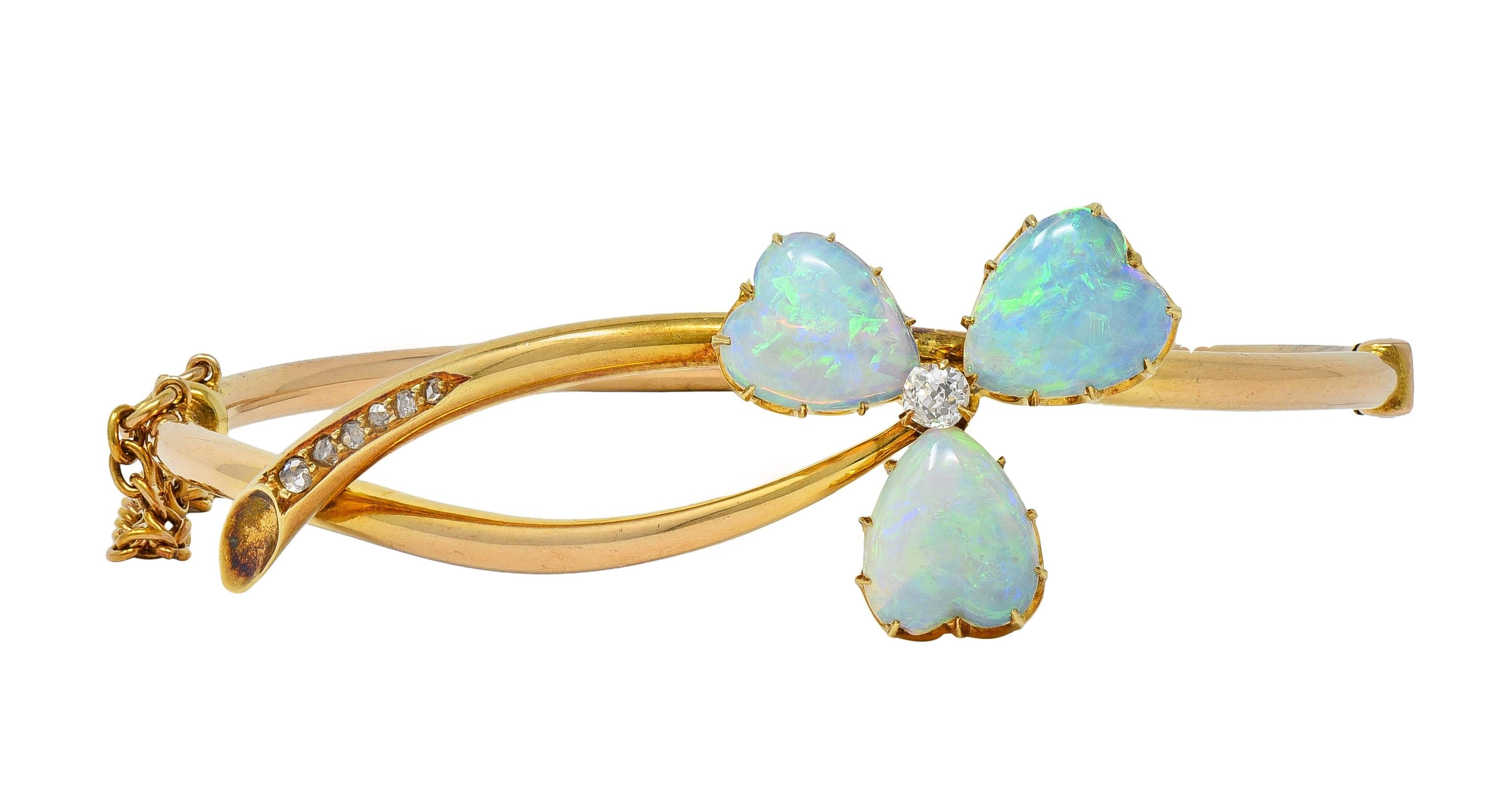 Victorian Opal Diamond 14 Karat Gold Antique Bypass Clover Bangle Bracelet