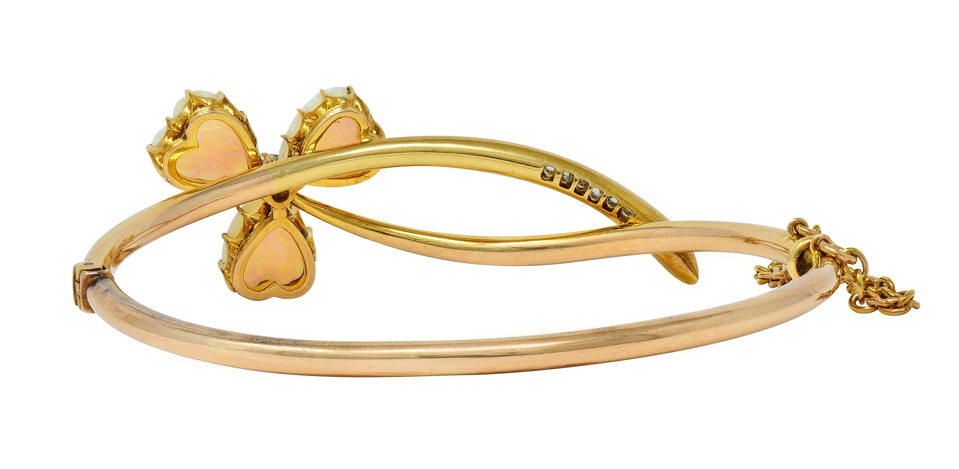 Victorian Opal Diamond 14 Karat Gold Antique Bypass Clover Bangle Bracelet