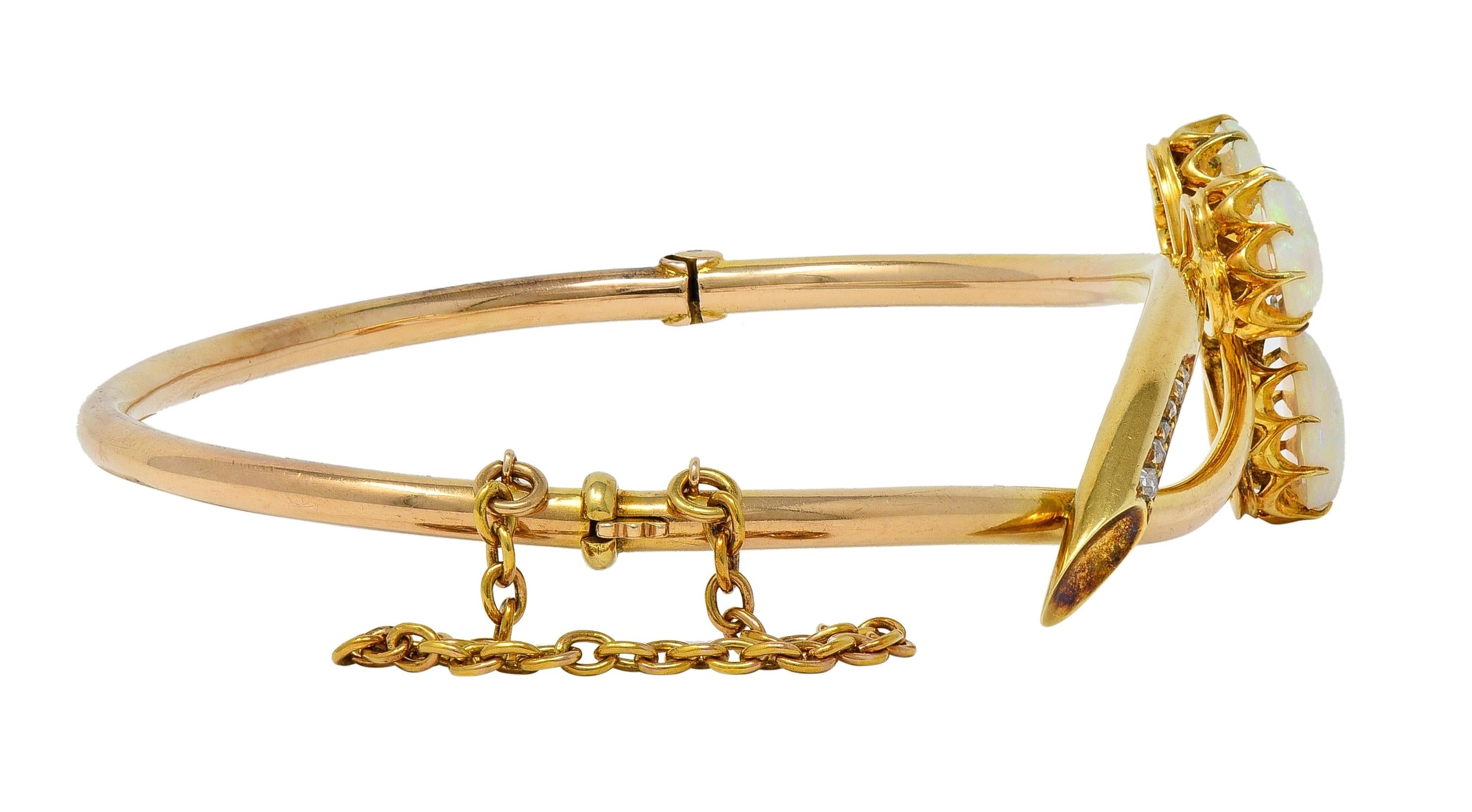 Victorian Opal Diamond 14 Karat Gold Antique Bypass Clover Bangle Bracelet