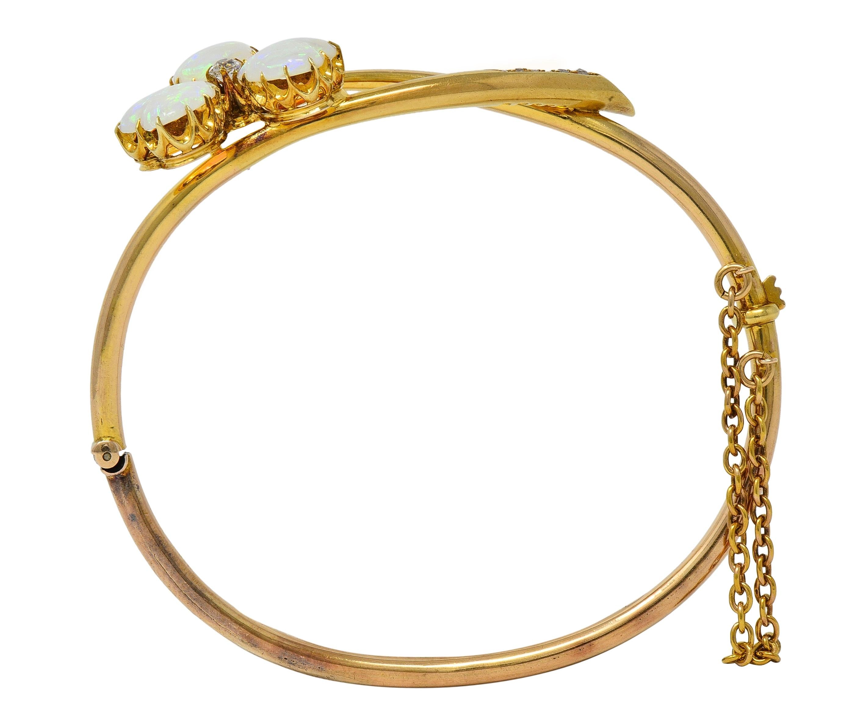 Victorian Opal Diamond 14 Karat Gold Antique Bypass Clover Bangle Bracelet