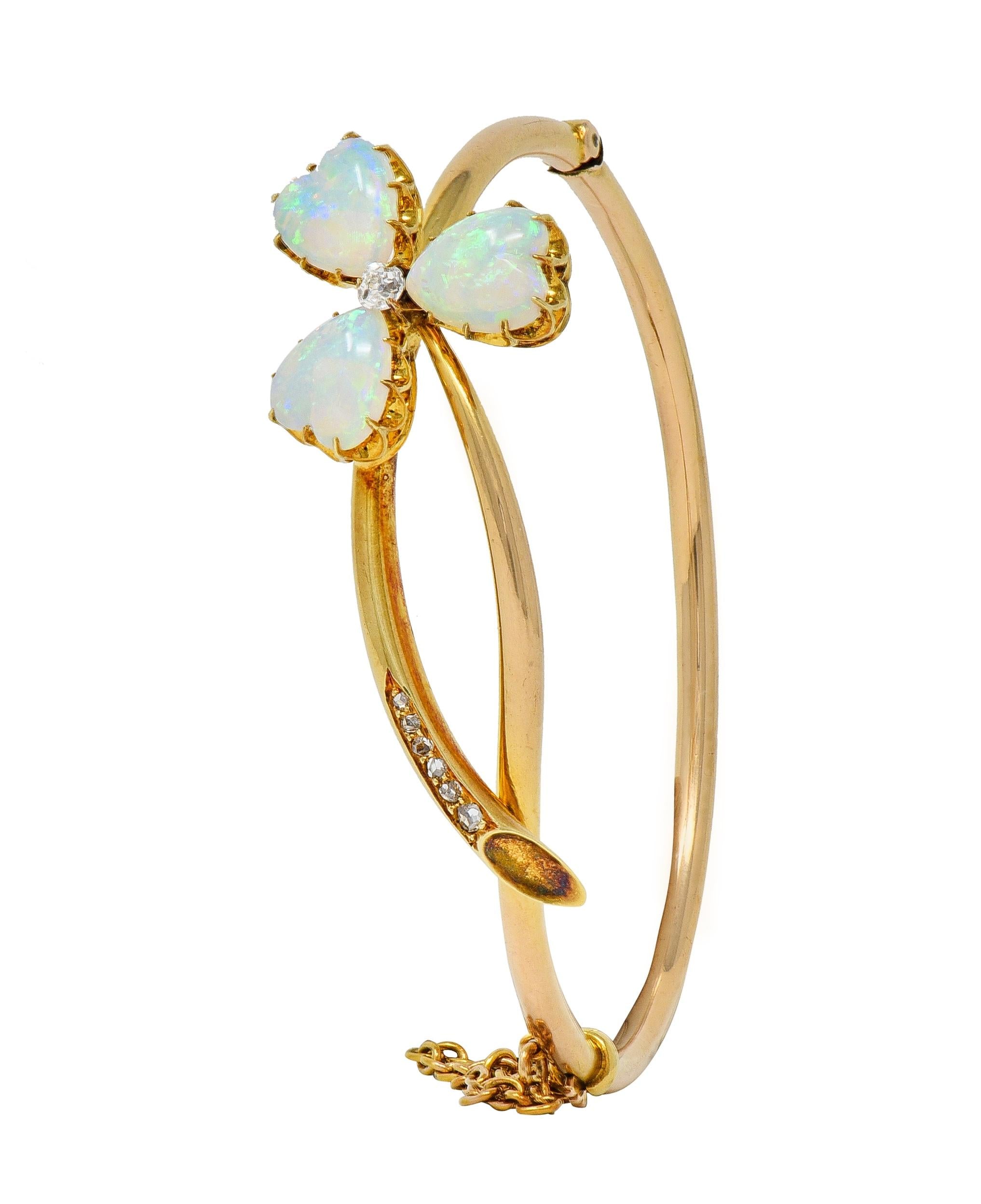 Victorian Opal Diamond 14 Karat Gold Antique Bypass Clover Bangle Bracelet