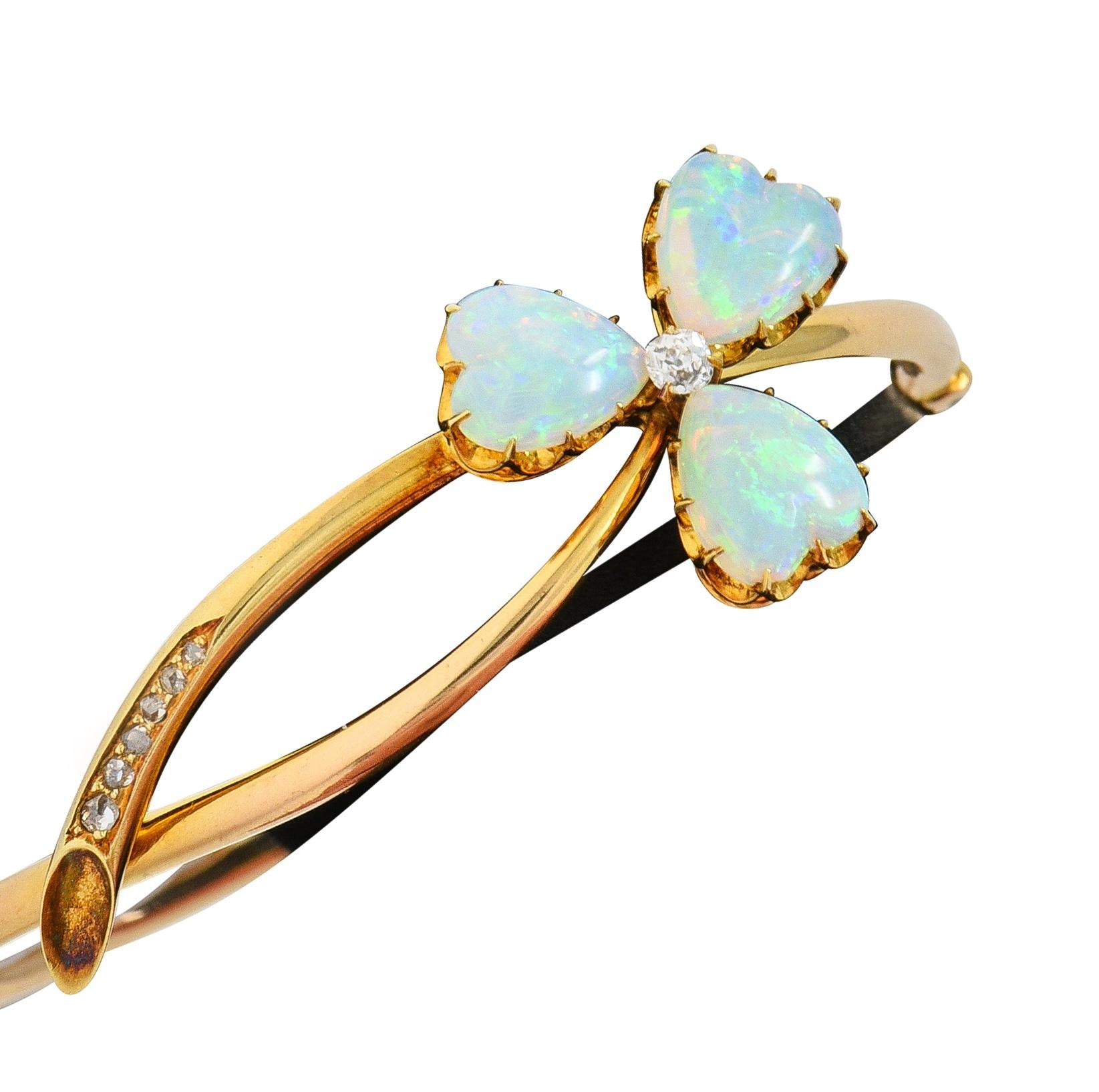 Victorian Opal Diamond 14 Karat Gold Antique Bypass Clover Bangle Bracelet