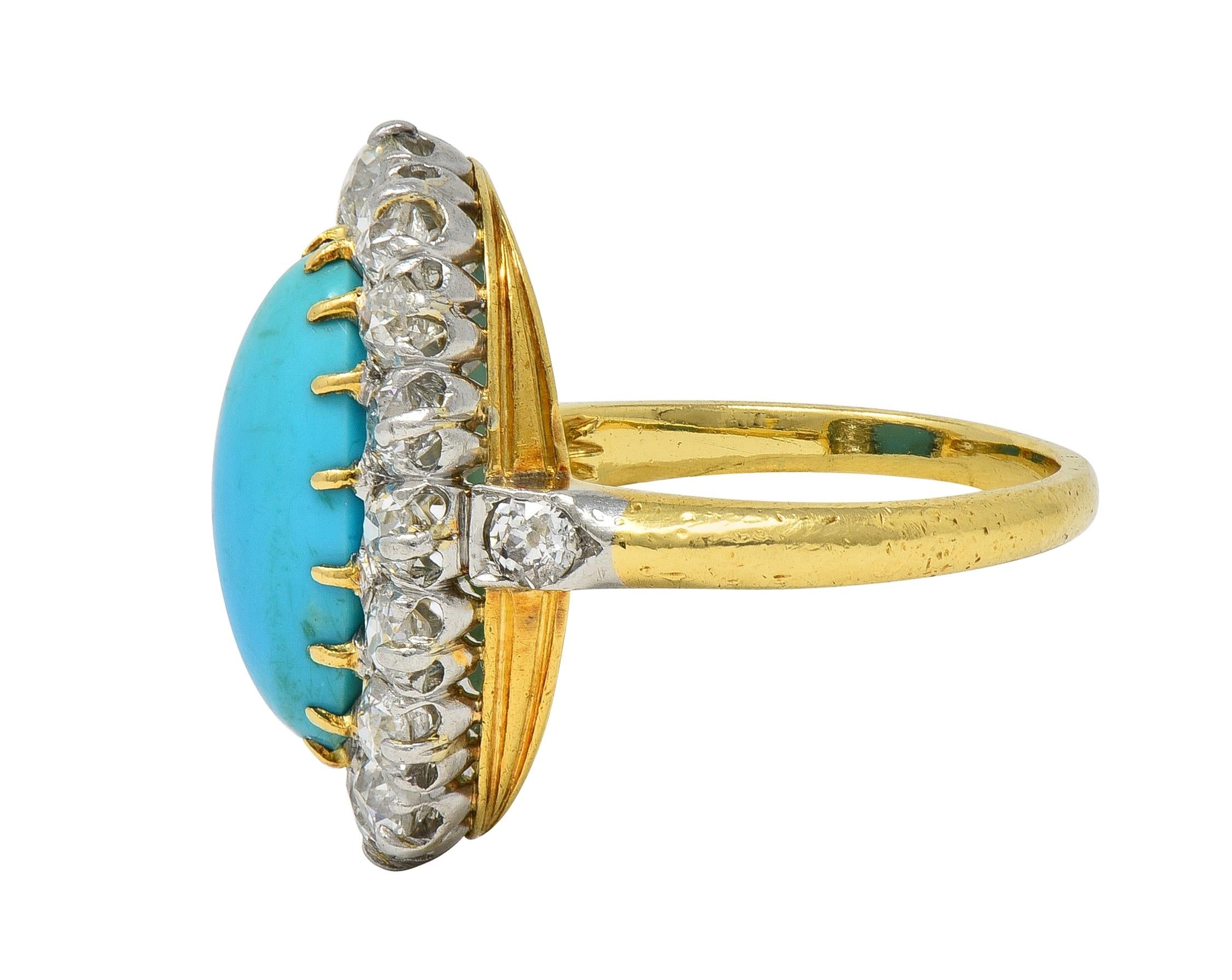 Edwardian Mine Diamond Robin's Egg Turquoise Platinum 18K Gold Antique Halo Ring