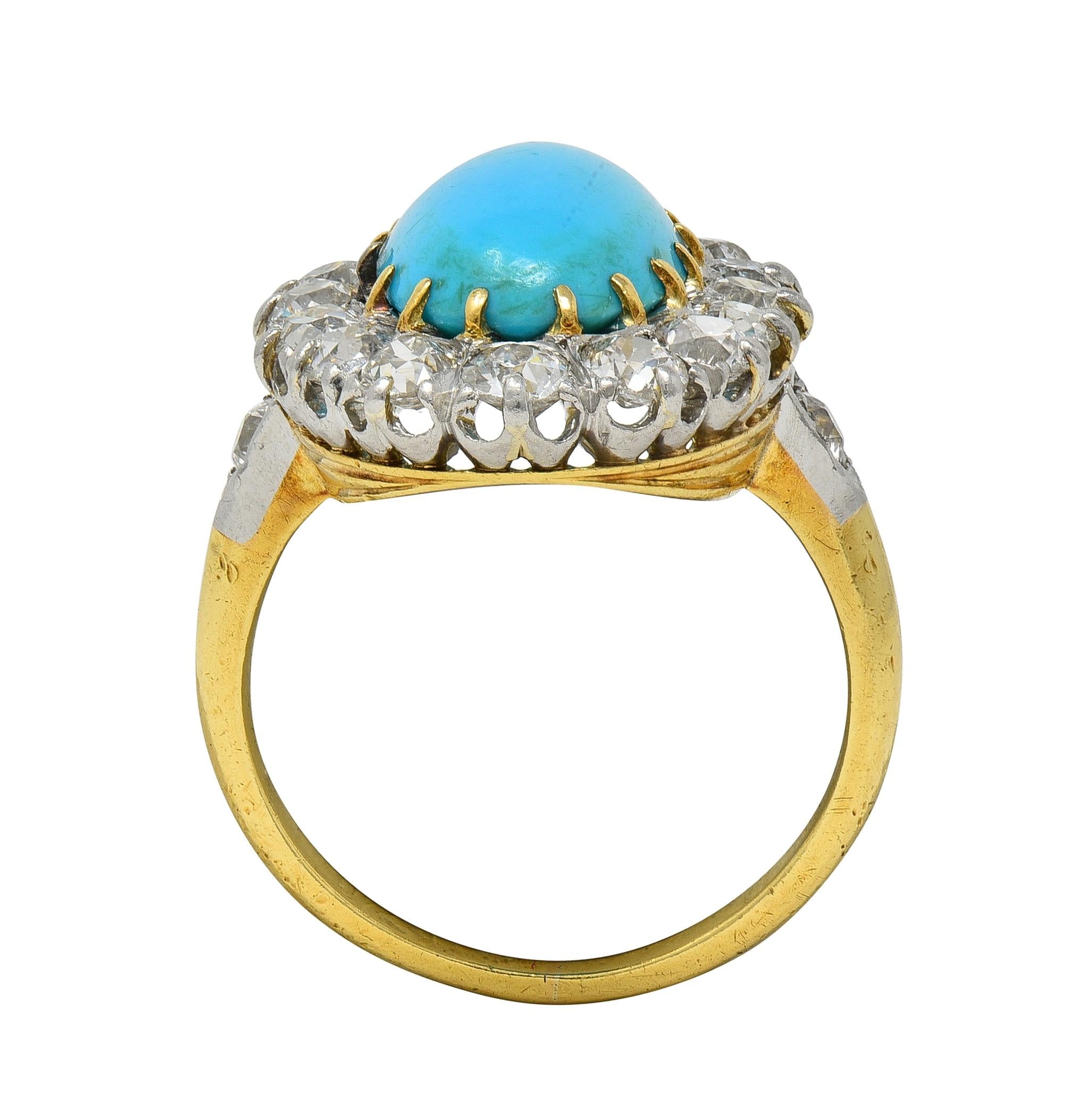 Edwardian Mine Diamond Robin's Egg Turquoise Platinum 18K Gold Antique Halo Ring
