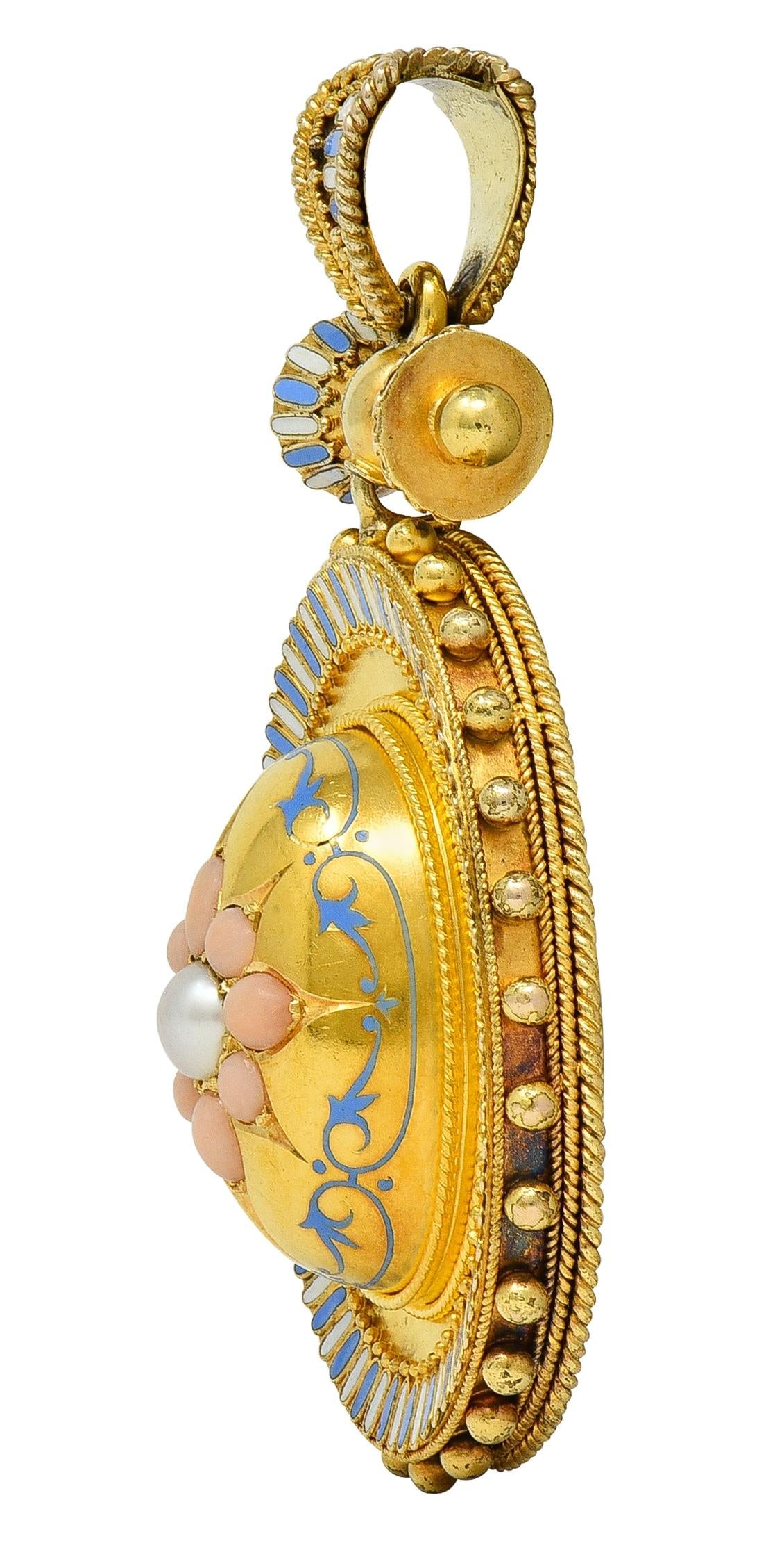 Victorian Etruscan Revival Multi-Gem Enamel 14K Gold Antique Star Locket Pendant