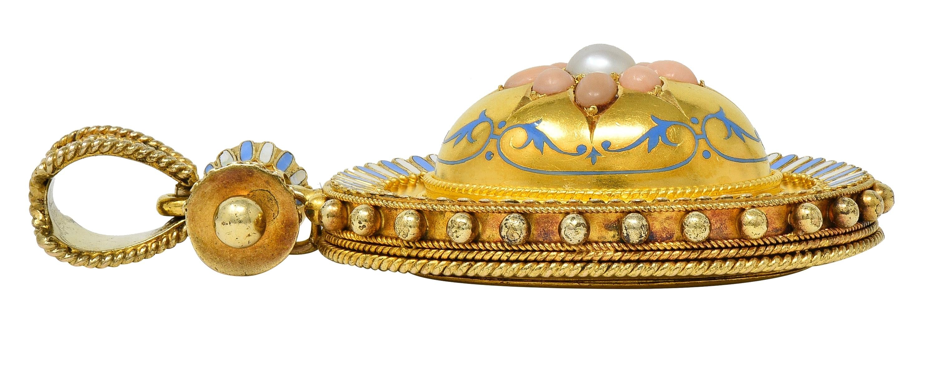 Victorian Etruscan Revival Multi-Gem Enamel 14K Gold Antique Star Locket Pendant