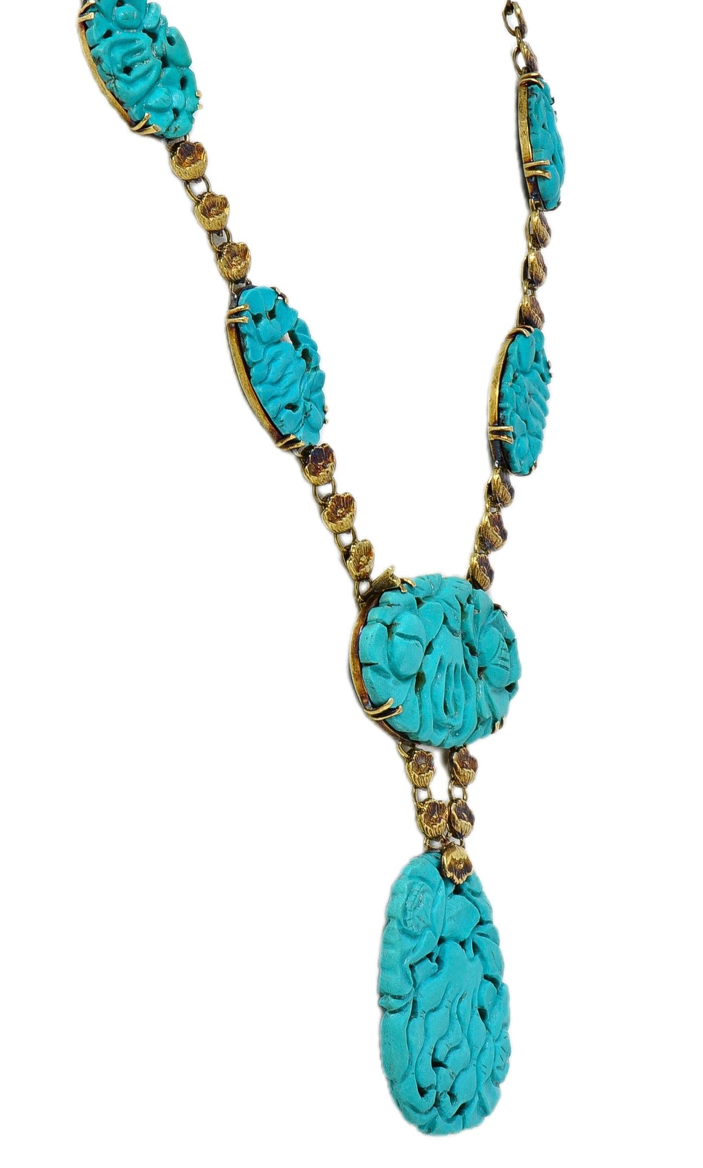 Walter Lampl Art Nouveau Turquoise 14K Gold Antique Floral Drop Necklace