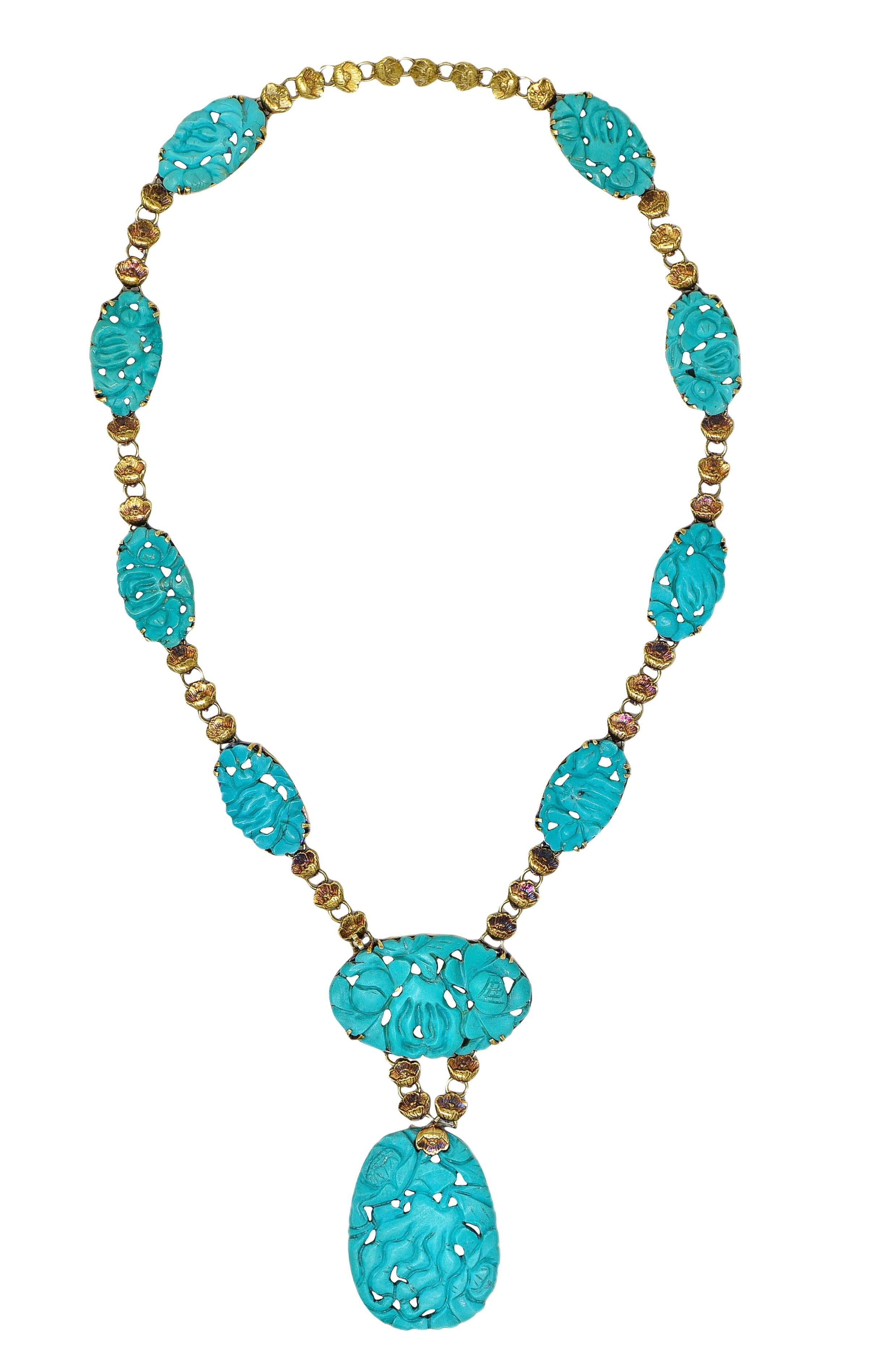 Walter Lampl Art Nouveau Turquoise 14K Gold Antique Floral Drop Necklace