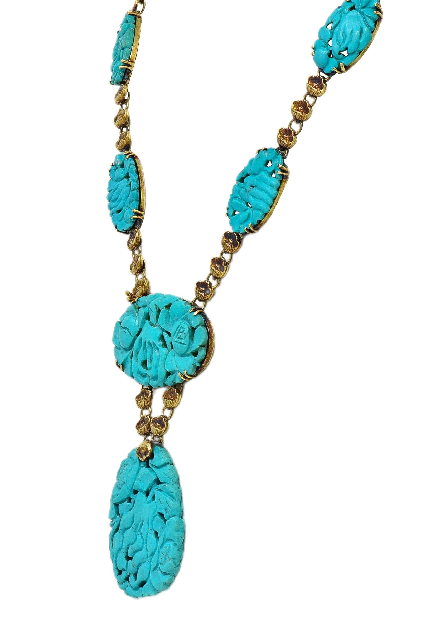 Walter Lampl Art Nouveau Turquoise 14K Gold Antique Floral Drop Necklace