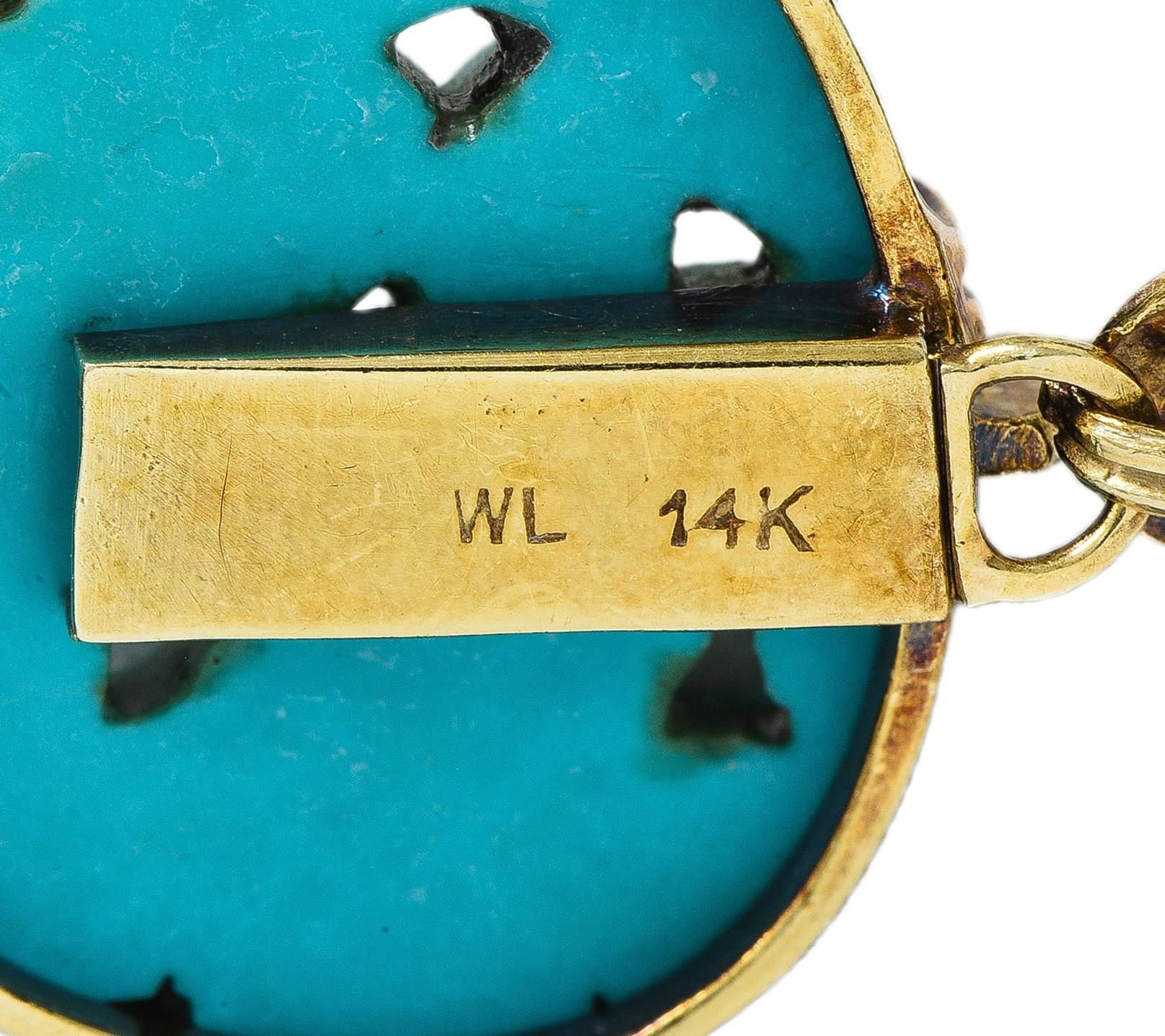 Walter Lampl Art Nouveau Turquoise 14K Gold Antique Floral Drop Necklace