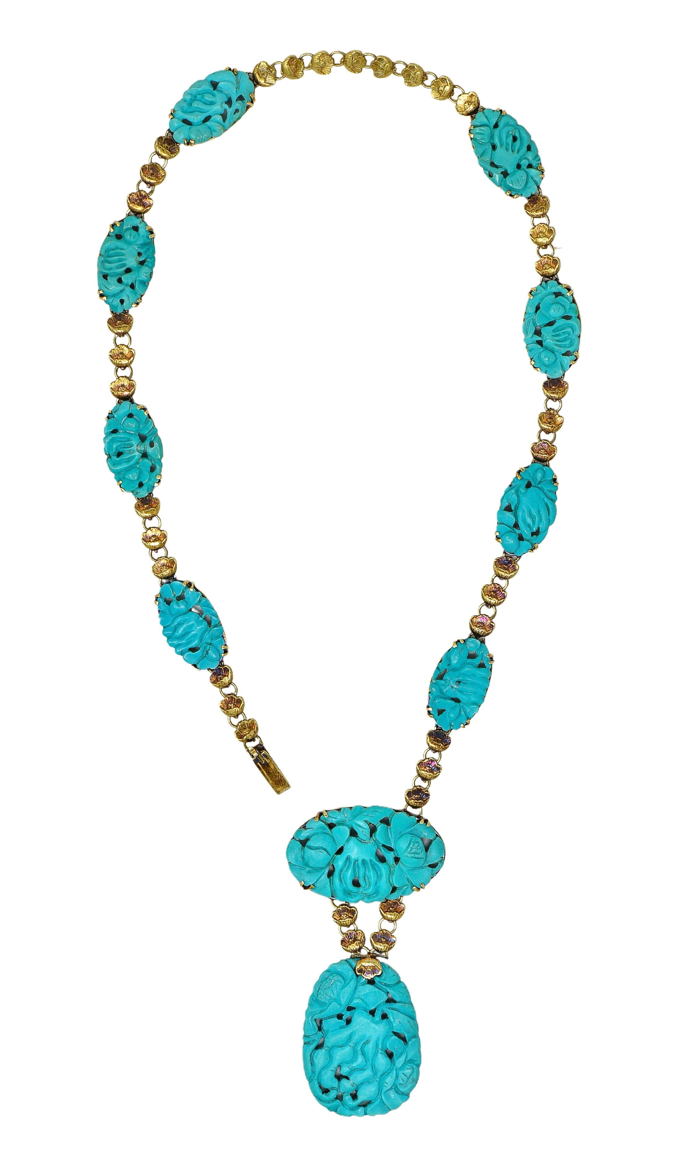Walter Lampl Art Nouveau Turquoise 14K Gold Antique Floral Drop Necklace